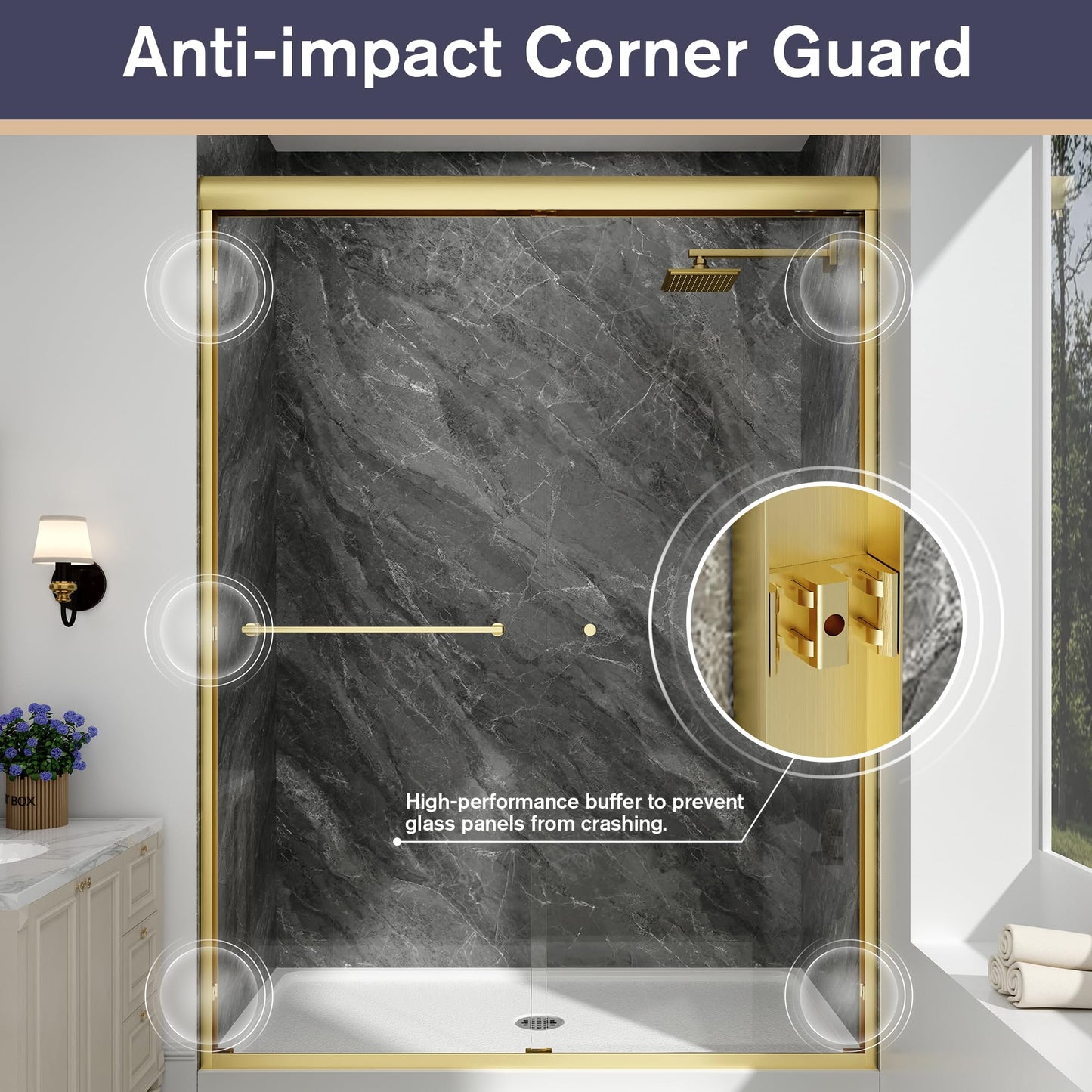 EASYWORC Double Sliding Shower Door, 49"-54" W x 70" H Semi-Frameless Glass Shower Door, 1/4'' (6mm) Clear SGCC Tempered Glass with Explosion-Proof Film and Nano Coating, Brushed Gold
