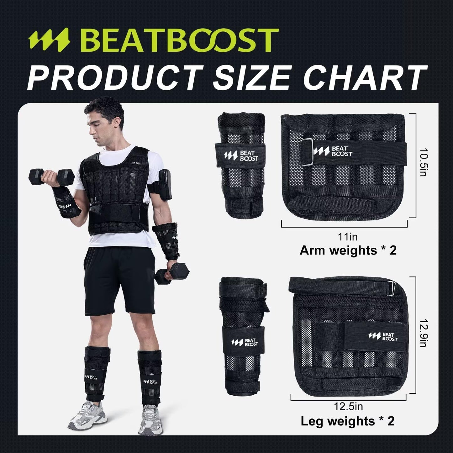 BeatBoost Ankle Wrist Weights 10lb Adjustable Leg Arm Weights for Men Walking Pilates Exercise Workout Gym Aerobics