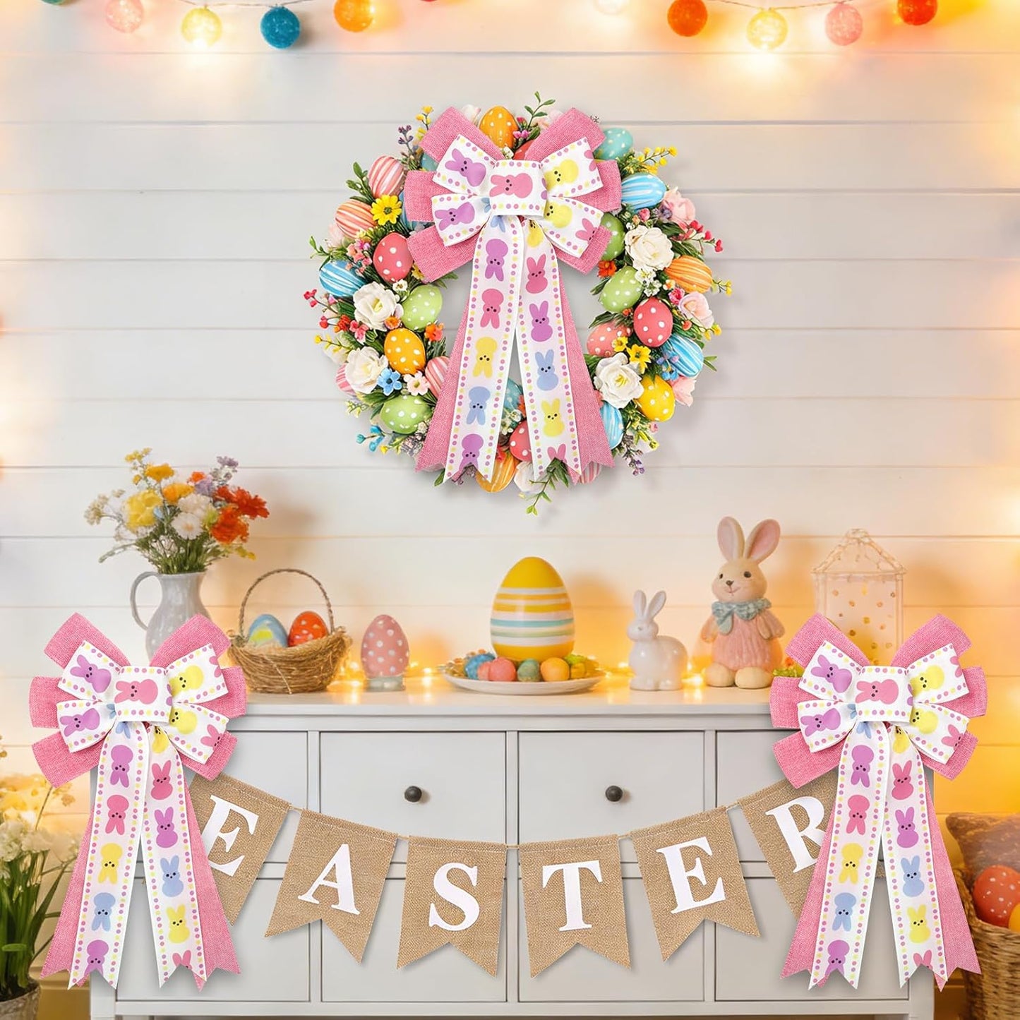 Yuubin Easter Bows - 2 Pcs Large 12x20 Inch Spring Decor with Bunny for Wreaths & Baskets