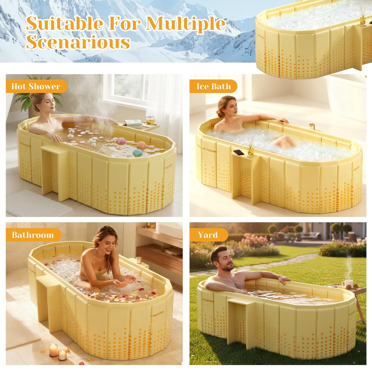 jessie 47 Inches Portable Bathtub, Foldable Ice Bath Tub for Adult, Bathroom Hot SPA Soaking Cold Plunge Tub Freestanding Bathtub Indoor Outdoor Yard (Gold)
