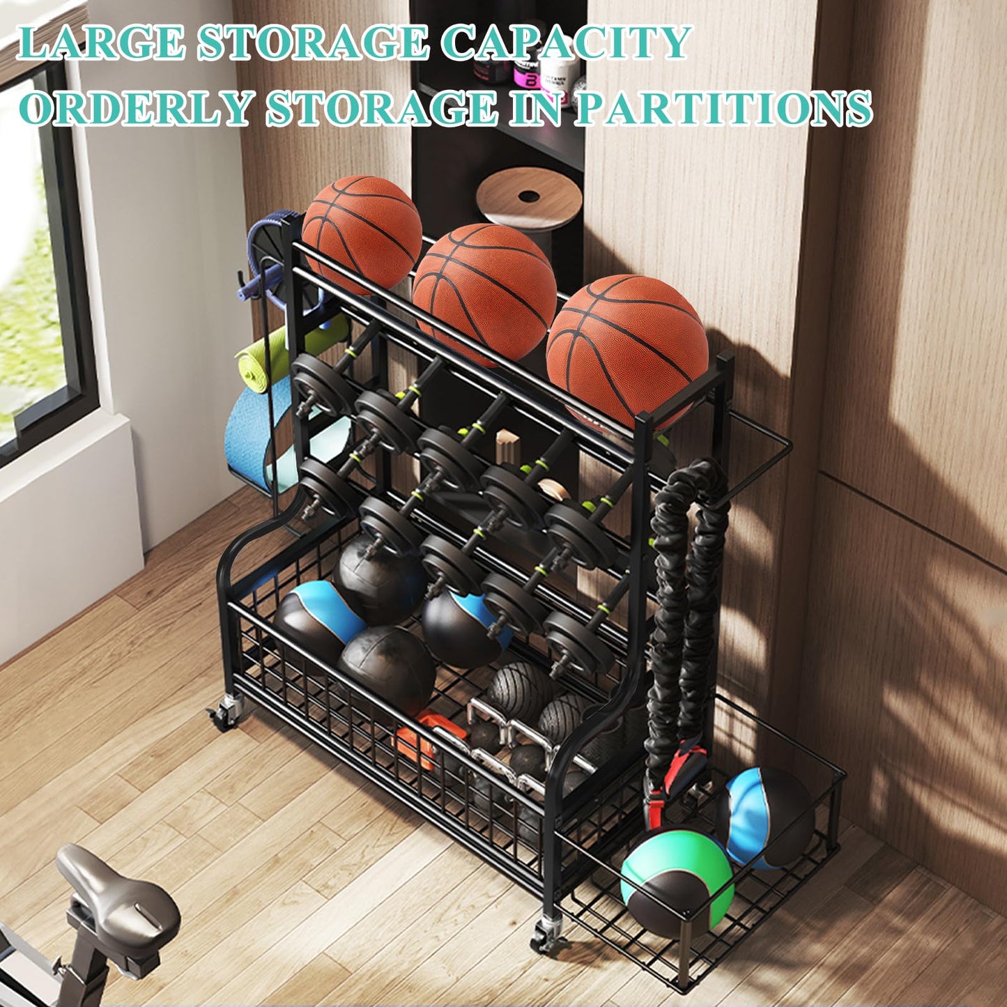 HIEE Dumbbell Rack, Weight Rack for Kettlebells, Storage Holder for Yoga and Workout Equipment, Home Gym Storage Rack with Wheels and Hooks (320 lb)
