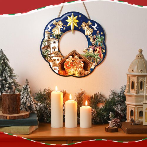 Holy Family Wreath Decorations Christmas Front Door Wreaths Sign Wooden Nativity Scene Christmas Wreath Religious Door Decoration for Window Xmas Home Wall Decor(Holy Family)