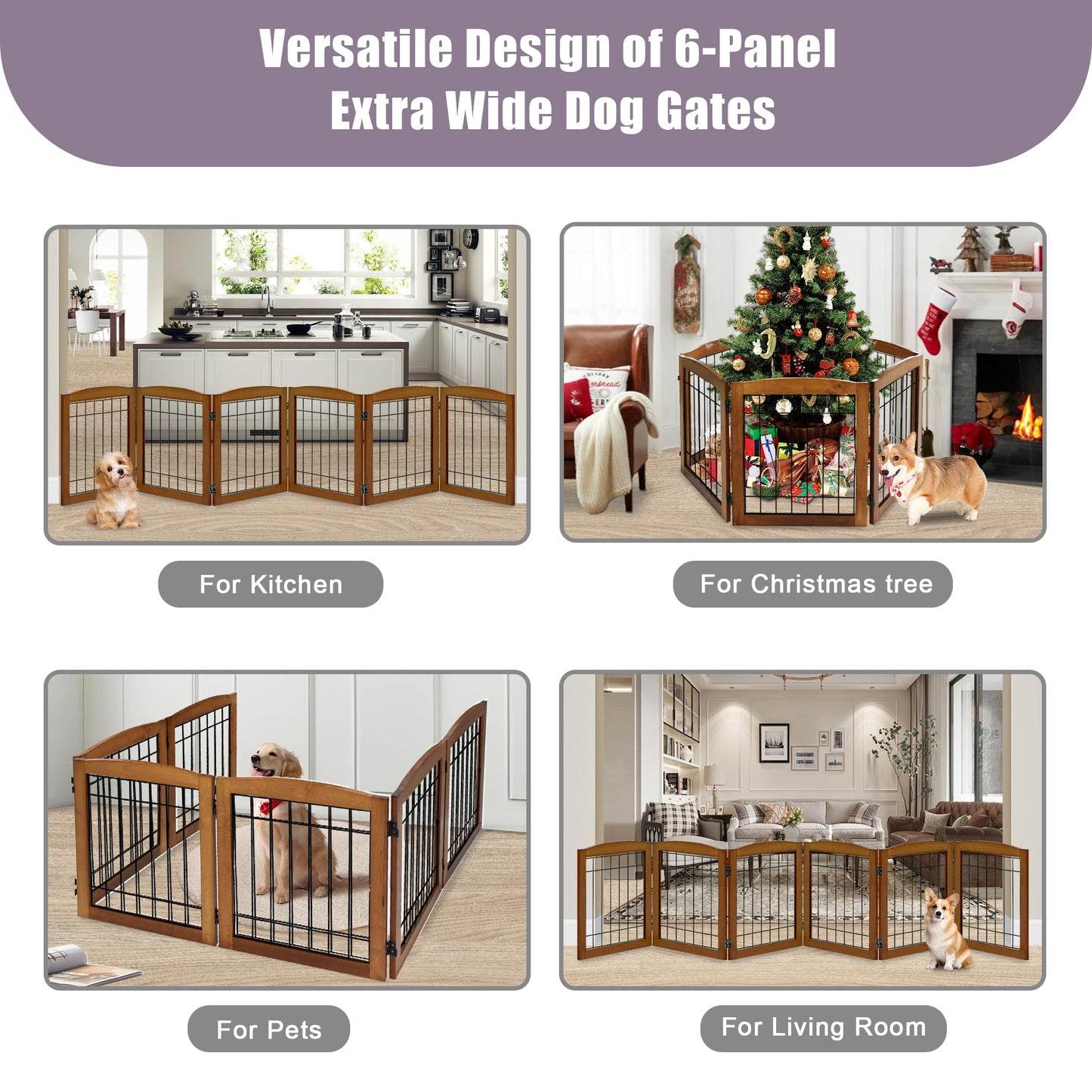LZRS 6-Panel Extra Wide Wooden Freestanding Dog Gate: Foldable Solid Wood and Steel Wire Chew Resistant Safety Barrier for Doorways, Stairs, and Open Long Spaces Indoor Use, Cherry