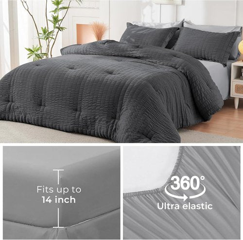 HYMOKEGE King Size Comforter Set - 7-Piece All-Season Luxury Bedding in Dark Grey/Light Grey