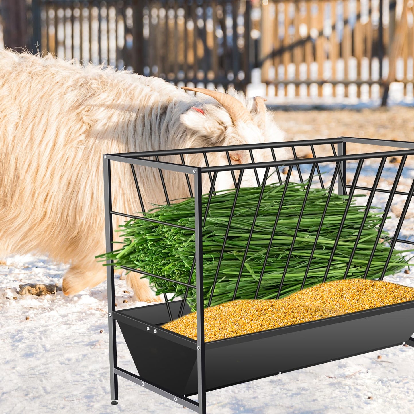 YXJSTO Pasture Hay Feeder 69 Gallon, Livestock 2 in 1 Hay and Grain Feeder, Heavy-Duty Galvanized Metal Goat Feeder with 2 Trays, Pasture Feeder for Goat, Sheep, Foal, Sheep