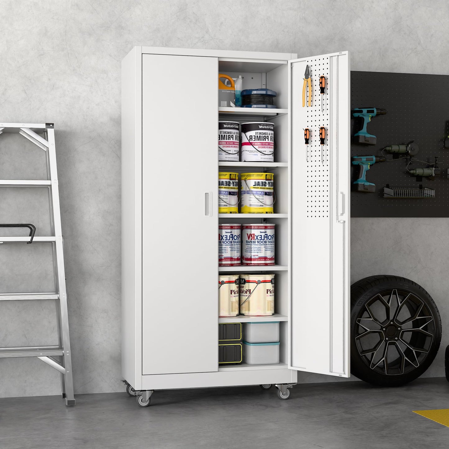 Aobabo Upgrade 71H''*34''W*18''D Metal Garage Storage Cabinet with Wheels and Pegboards, 5 Adjustable Shelves Steel Storage Cabinets for Home,Warehouse,Garage,Assembly Required,White