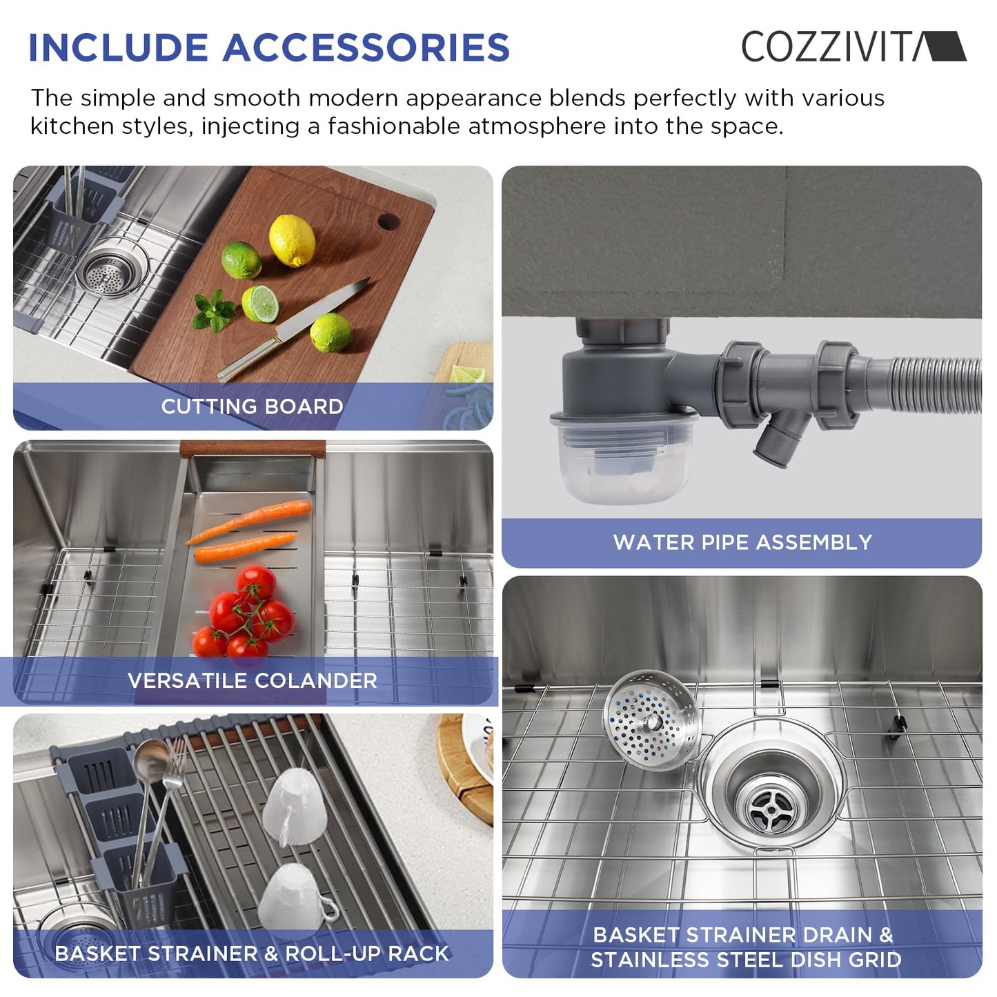 Cozzivita 32in Undermount Workstations Kitchen Sinks - 11 Gauge Stainless Steel Sink 10inch Deep Worktation Sink with Cutting Board and Accessories