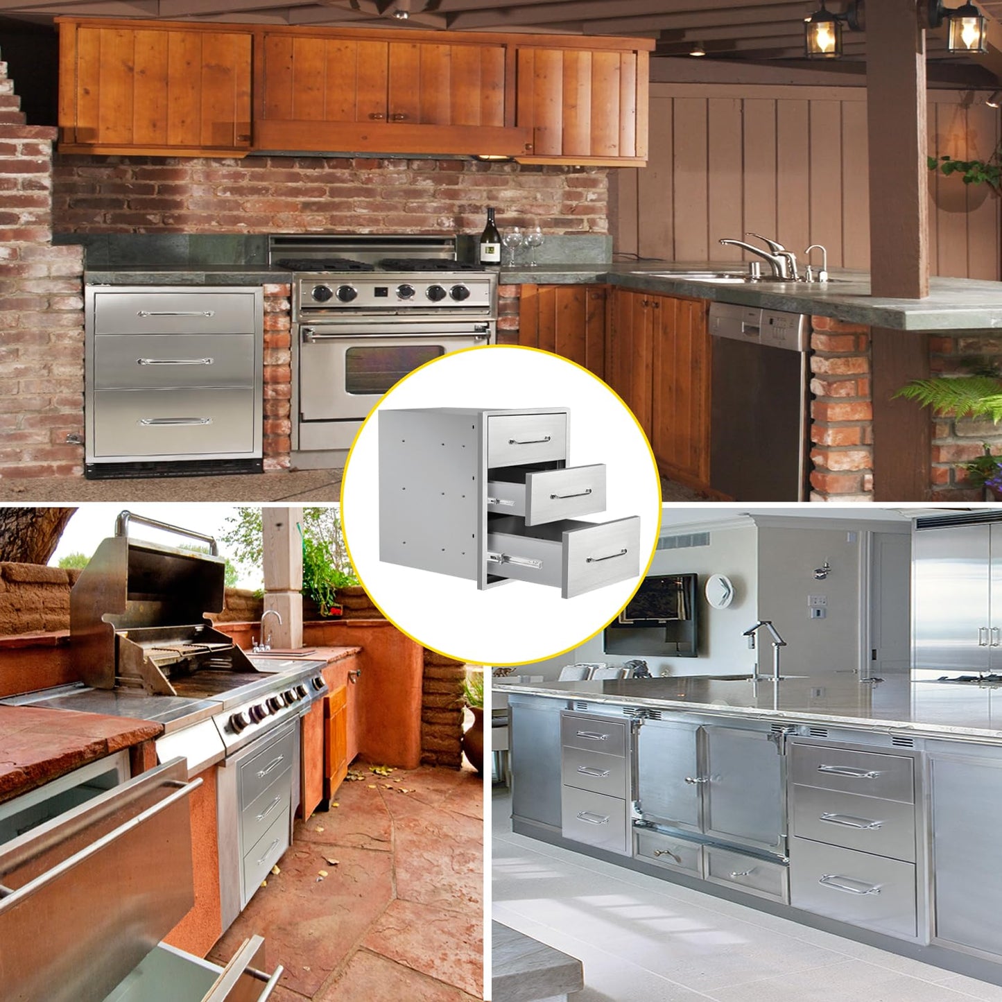 SGOLAN Outdoor Kitchen Drawers 16" W x 21" H x 23" D Flush Mount Triple BBQ Drawers with Chrome Handle Stainless Steel Drawer for Outdoor Kitchen Island, Patio Grill Station