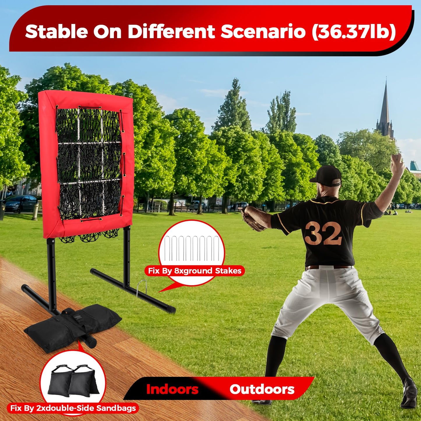 Heavy Duty 9 Hole Pitching Net with Strike Zone,9 Pocket Pitching Target Net of 4 Adjustable Heights (36-53in),Softball Pitching Net Fix by 8xspikes and 2xsandbags, Pitching Target Net for All Age
