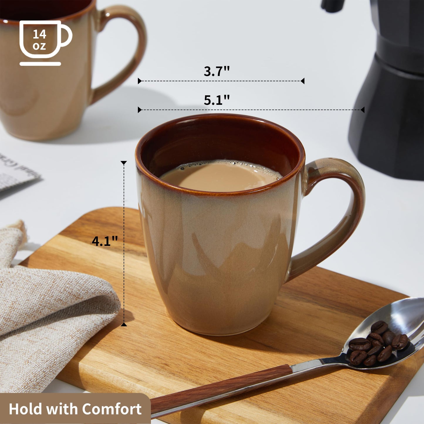 Pokini Coffee Mug 14 oz, Ceramic Coffee Mugs Set of 4, Reactive Glaze Mug for Latte/Tea/Cappuccino, Large Stackable Mug Set for Men, Women, Dad, Mom, Dishwasher & Microwave Safe, Brown Yellow