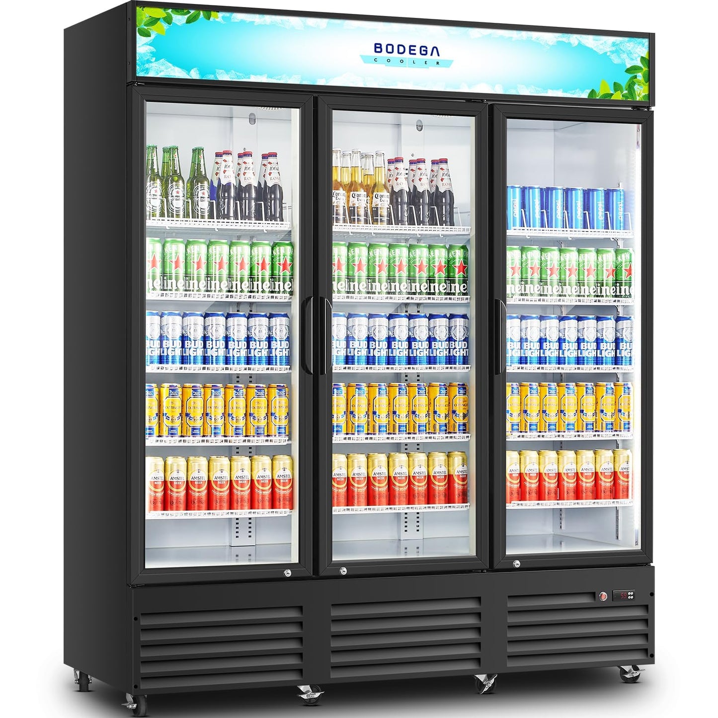 BODEGACOOLER Commercial Merchandiser Refrigerator,3 Glass Door Commercial Beverage Refrigerator, Beverage Display Cooler with Soft LED Light, Adjustable Shelves and 8 Strong Castors, 53 Cu. Ft,Black