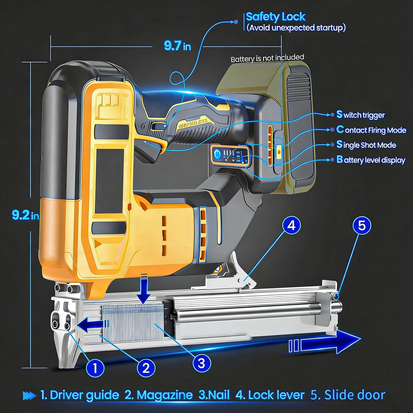 2-in-1 18 Gauge Cordless Brad Nailer & Staple Gun for Dewalt 20V MAX Battery, Battery Powered Electric Nail Gun with 1000 Nails for Woodworking, DIY, Framing & Home Improvement (No Battery)