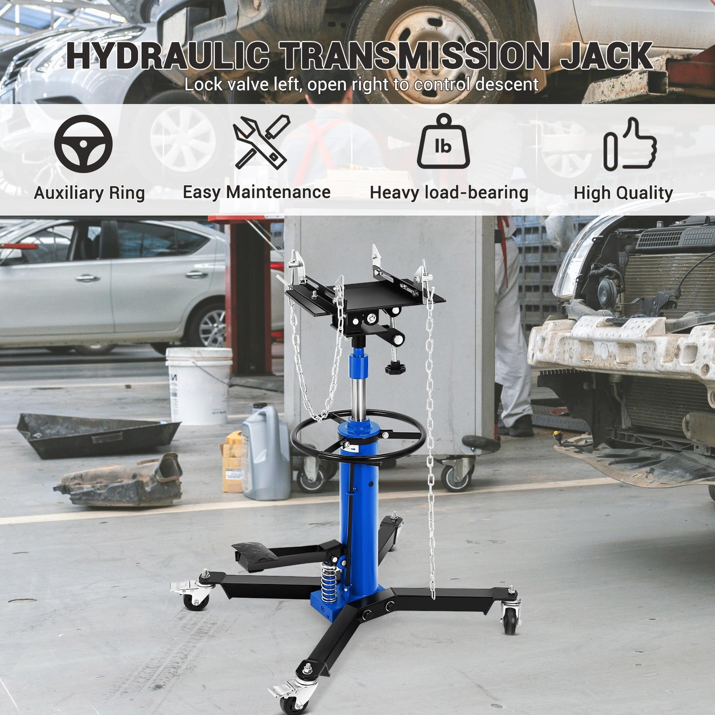 Hydraulic Transmission Jack, 1322 LB Capacity, 34-68 in, Heavy Duty Telescopic Transmission Jack Lift with Foot Pedal, 30° Tilt Saddle & 360° Swivel Wheels for Garage & Shop, Blue