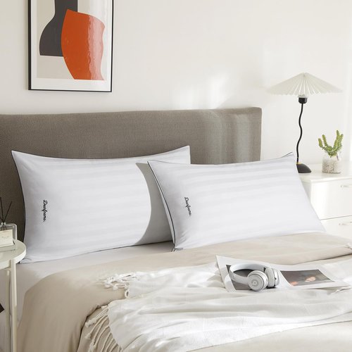 Dearfoams King Size Bed Pillows - Luxurious Cotton Stripe Down Alternative, Supportive for All Sleep Positions