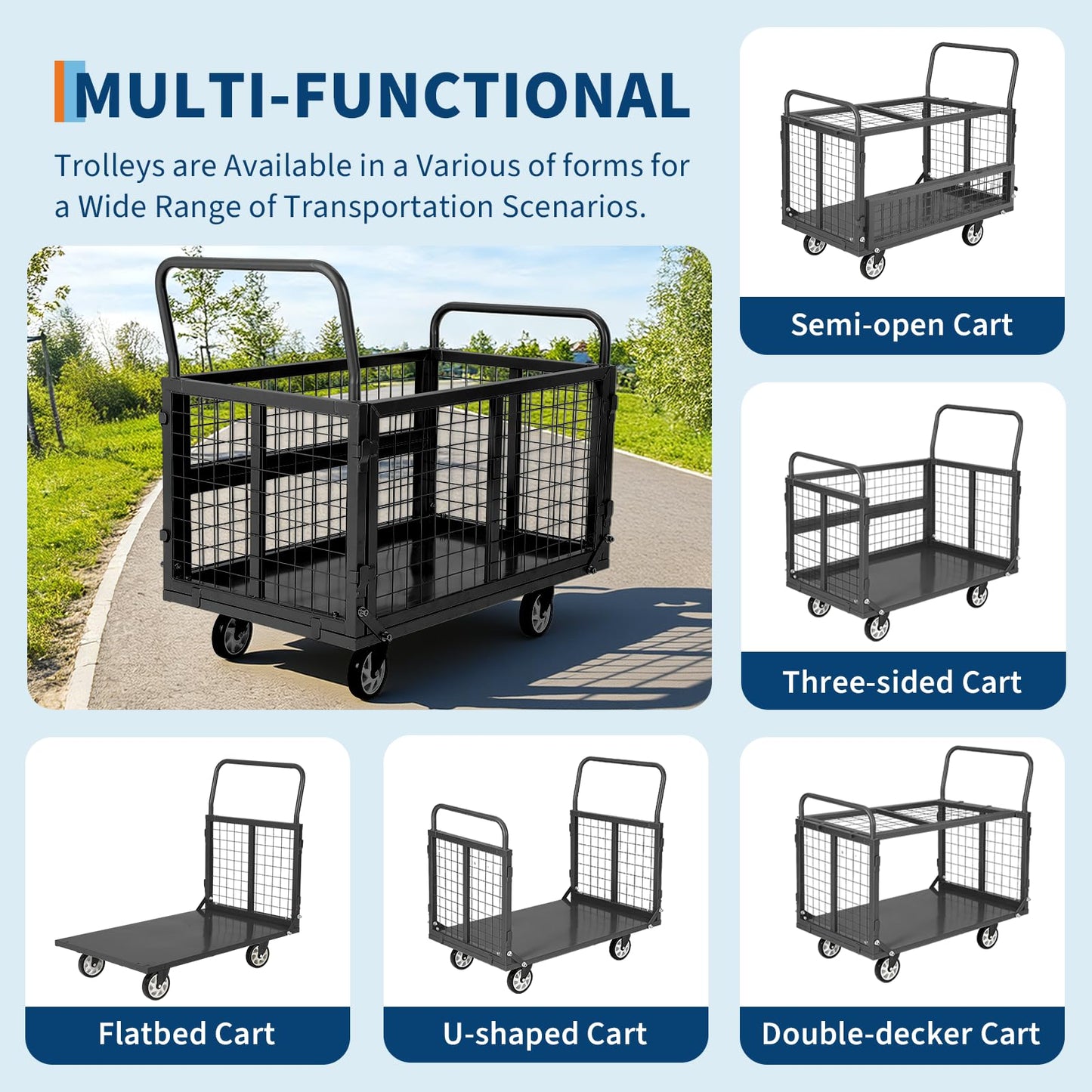 Garvee Heavy Duty Platform Truck Cart with Cage,39 x 24in Hand Moving Cart 2000LBS Capacity Multi-Functional Cage Carts with Basket for Warehouse Luggage Moving,Black