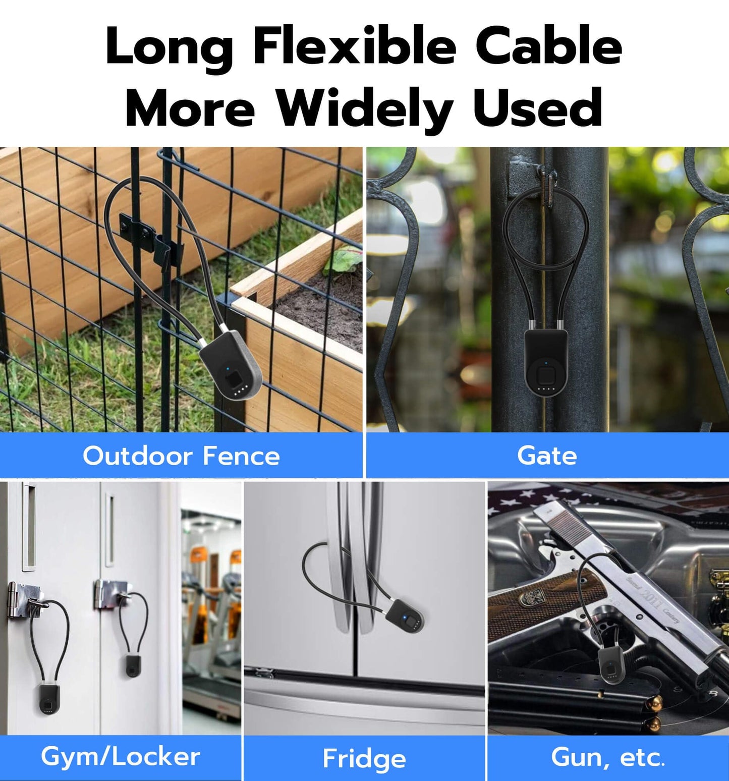 Anweller Fingerprint Cable Lock, 14" Long Shackle Small Padlock, Keyless Entry Biometric Bluetooth Smart Waterproof Combination Pad Lock for Gate Outdoor Fence Fridge Cabinet Locker Pool Bike - Black