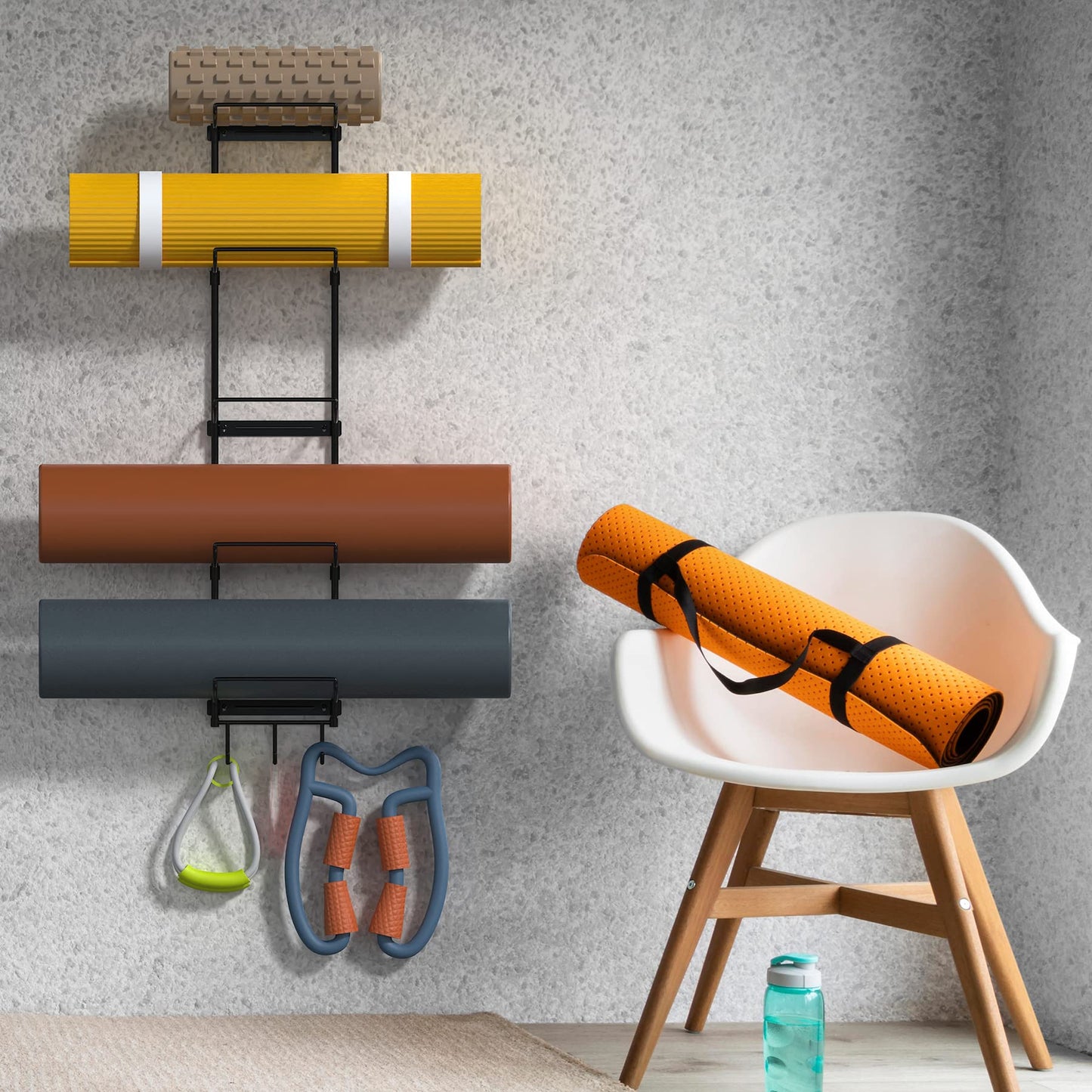 Kesito Yoga Mat Holder Wall Mount, Wall Rack Organizer, Storage Foam Roller and Block, with 5 Sectional and 3 Hooks for Hanging Yoga Strap, Resistance Bands at Fitness Class or Home Gym, Decor(Black)