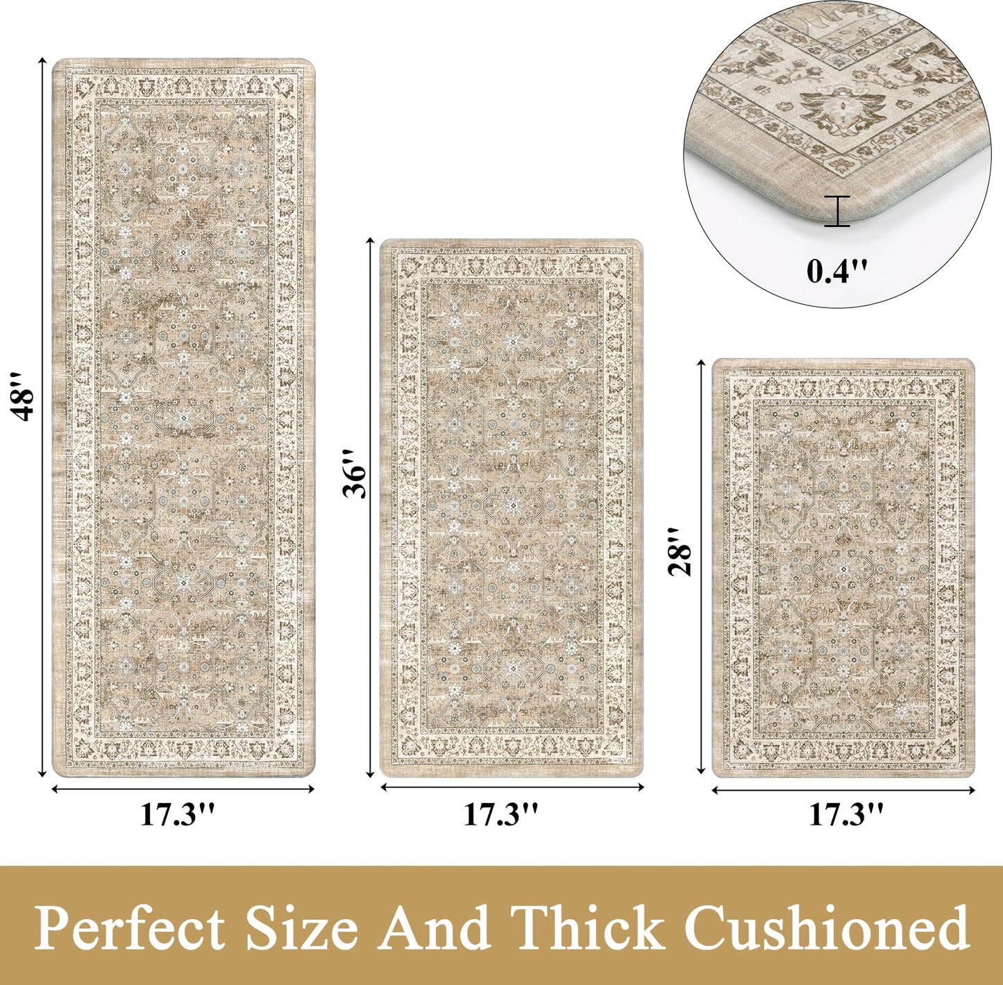 Pauwer Anti Fatigue Kitchen Floor Mats Set of 3, PVC Foam Padded Kitchen Rugs, Non Slip Cushioned Comfort Standing Mat, Waterproof Sink Rug for Small Kitchen Area, Laundry Room, Light Brown