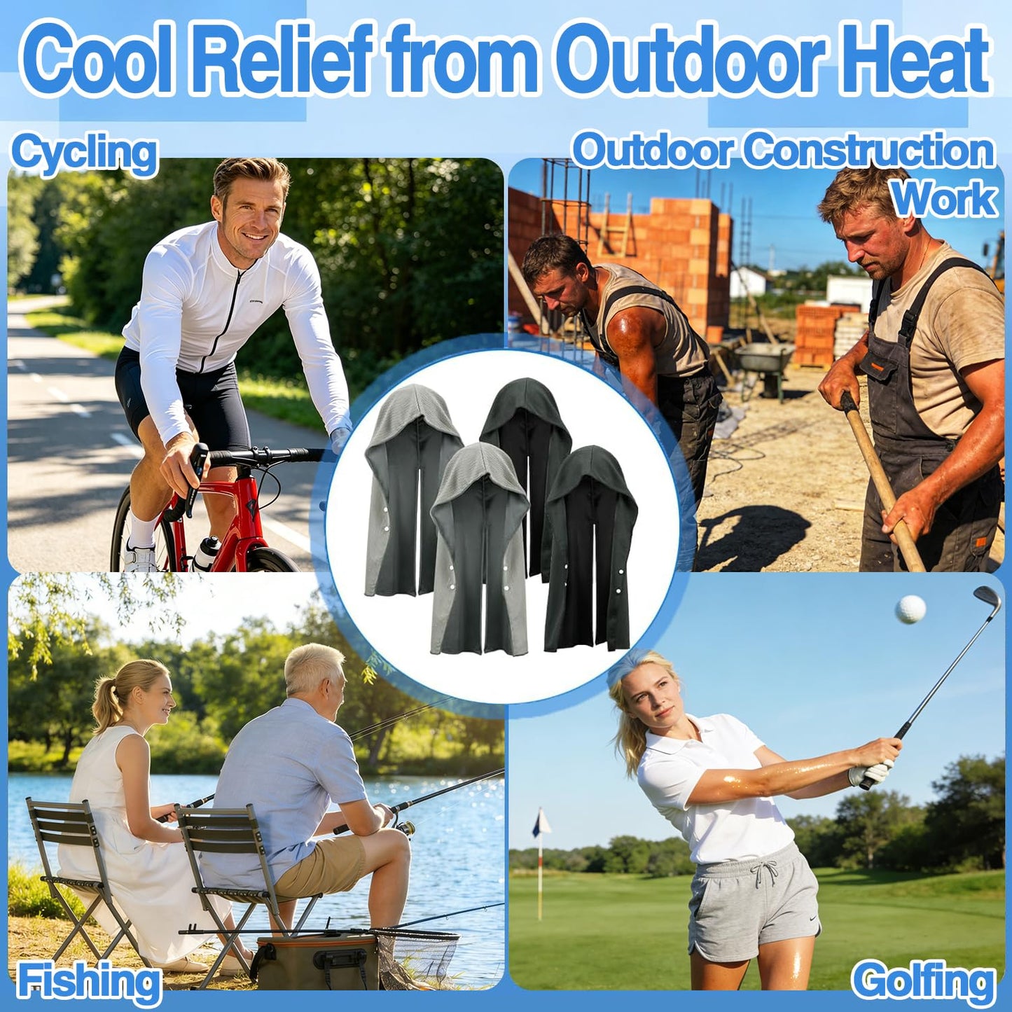 Acostop 4 Pcs Cooling Hoodie Towels for Neck and Face - Absorbent & Quick-Dry Cooling Towel with Anti-Slip Snaps, Evaporative Cool & UPF 50 Sun Protection Wraps in Hot Weather Outdoor Sports
