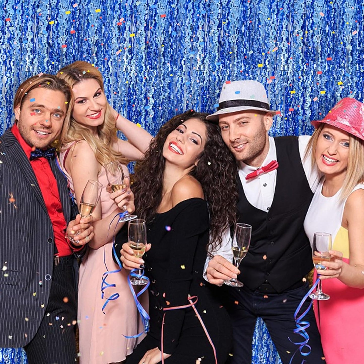 Skiennix Blue Tinsel Foil Fringe Curtains - Sparkling Wavy Backdrop for Parties & Photo Booths