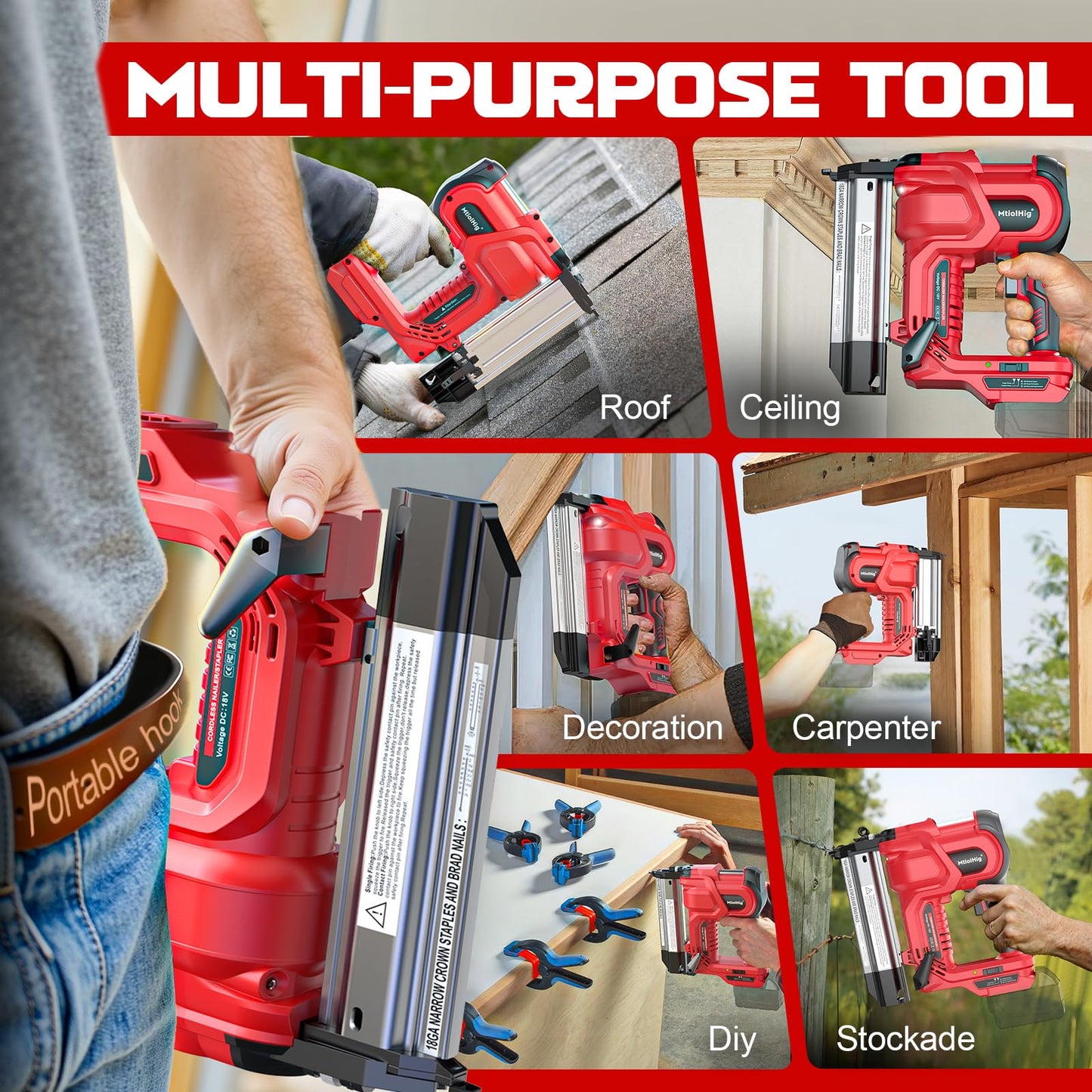 MtiolHig Cordless 2" Brad Nailer Compatible with Milwaukee Battery(Tool Only), 2-in-1 Electric Nail Gun/Staple Gun, 18 Gauge Nail Gun Battery Powered with 1000 Nails for Wood Carpentry, 7.2LB