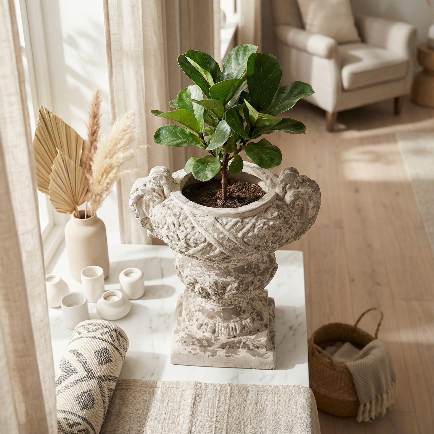SOFE 28 Inch Tall Large Outdoor Plant Pot, Lidded Garden Planter Urns, Distressed White Planter Pot, Planters for Outdoor Plants, Pedestal Planter, Resin Front Porch Planters