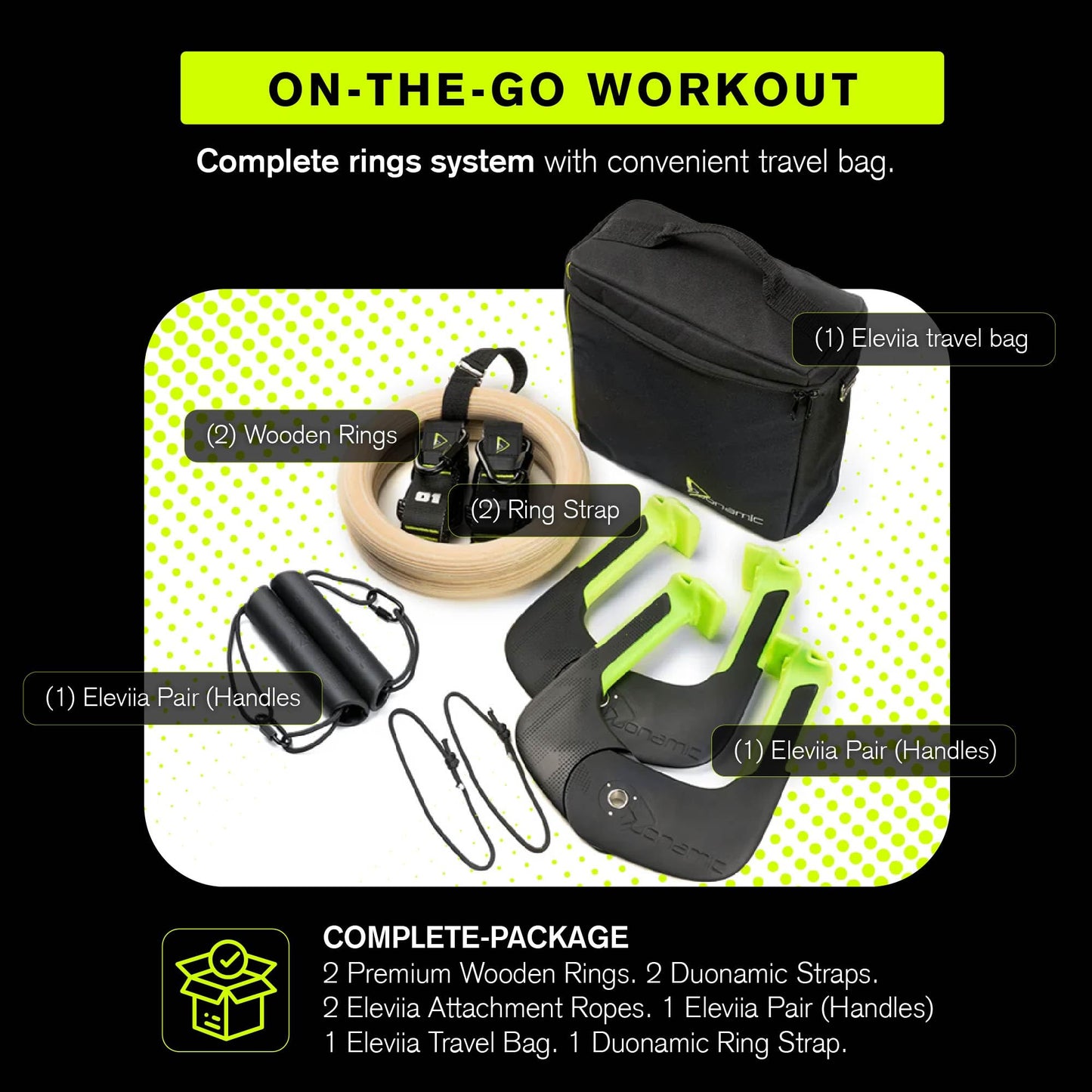 Eleviia Ultimate Pullup Travel Package: 9-Piece Kit Includes The Original Eleviia Doorway Pullup Bar System, Wooden Rings and Travel Straps, and Super Compact Travel Bag