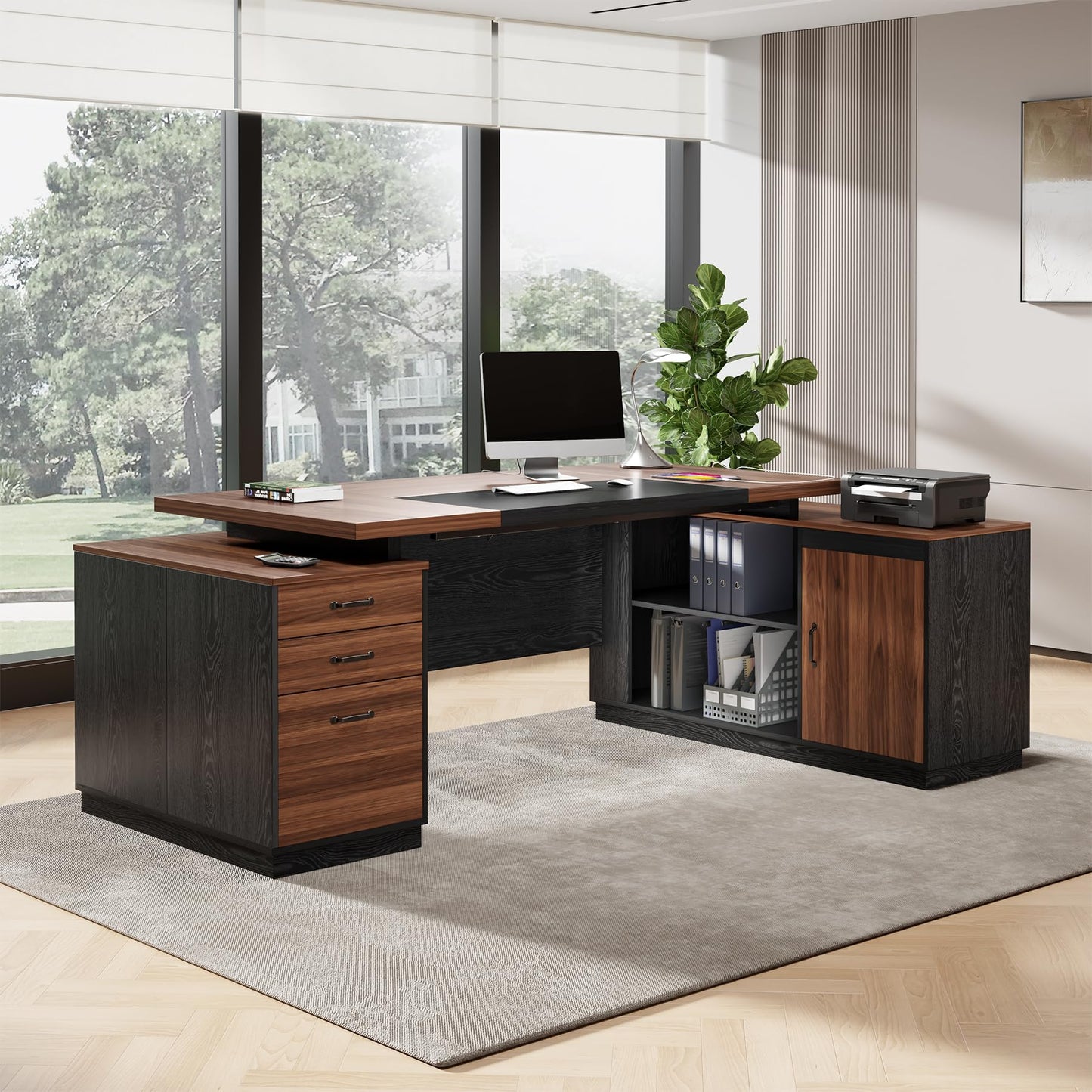 Epecoya Executive L-Shaped Desk with Storage Cabinet, 78-Inch Large Home Office Desks with Power Outlet and Lateral File Cabinet, Modern Computer Desk with Drawers and Open Shelf, Brown Black