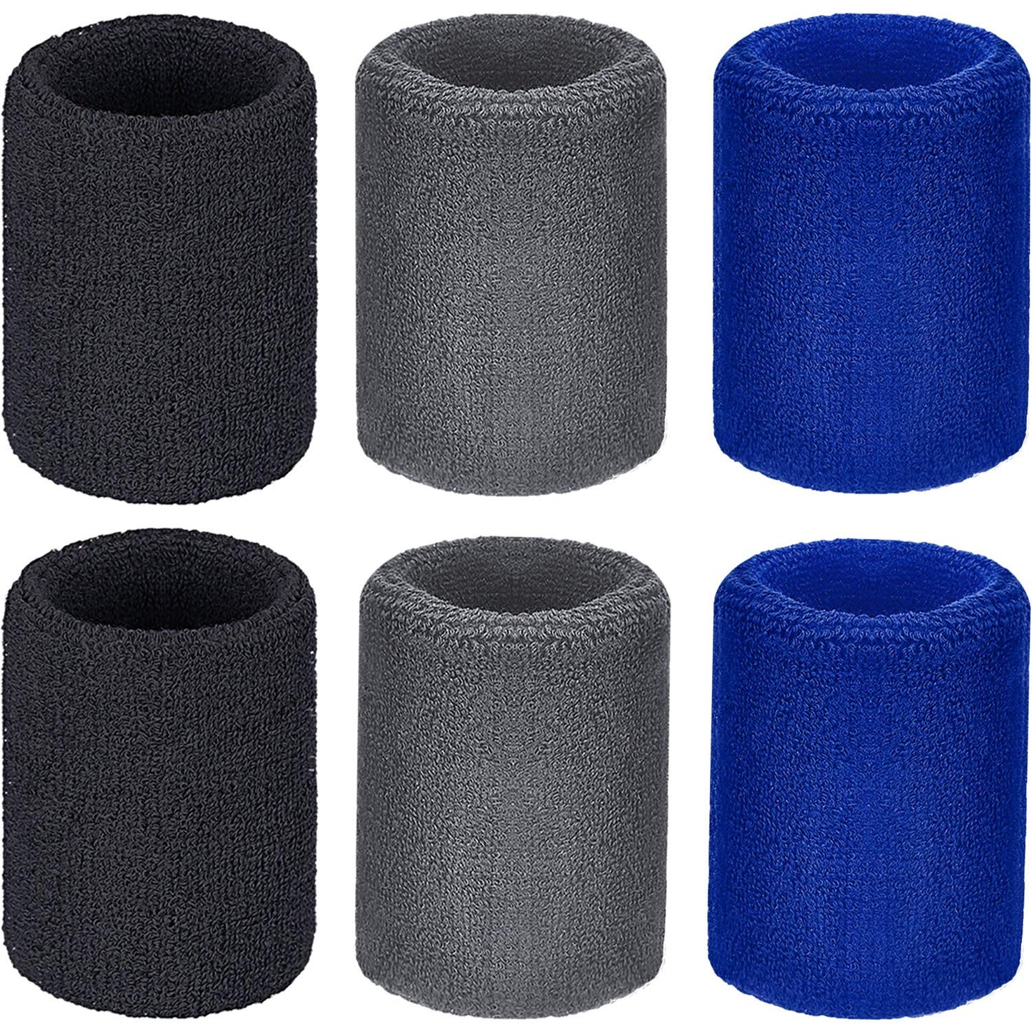 Willbond 6 Pcs Wrist Sweatbands Sports Wristbands for Competitions Absorbent Sweatbands for Basketball Tennis Football Running Working(Black, Blue, Gray)