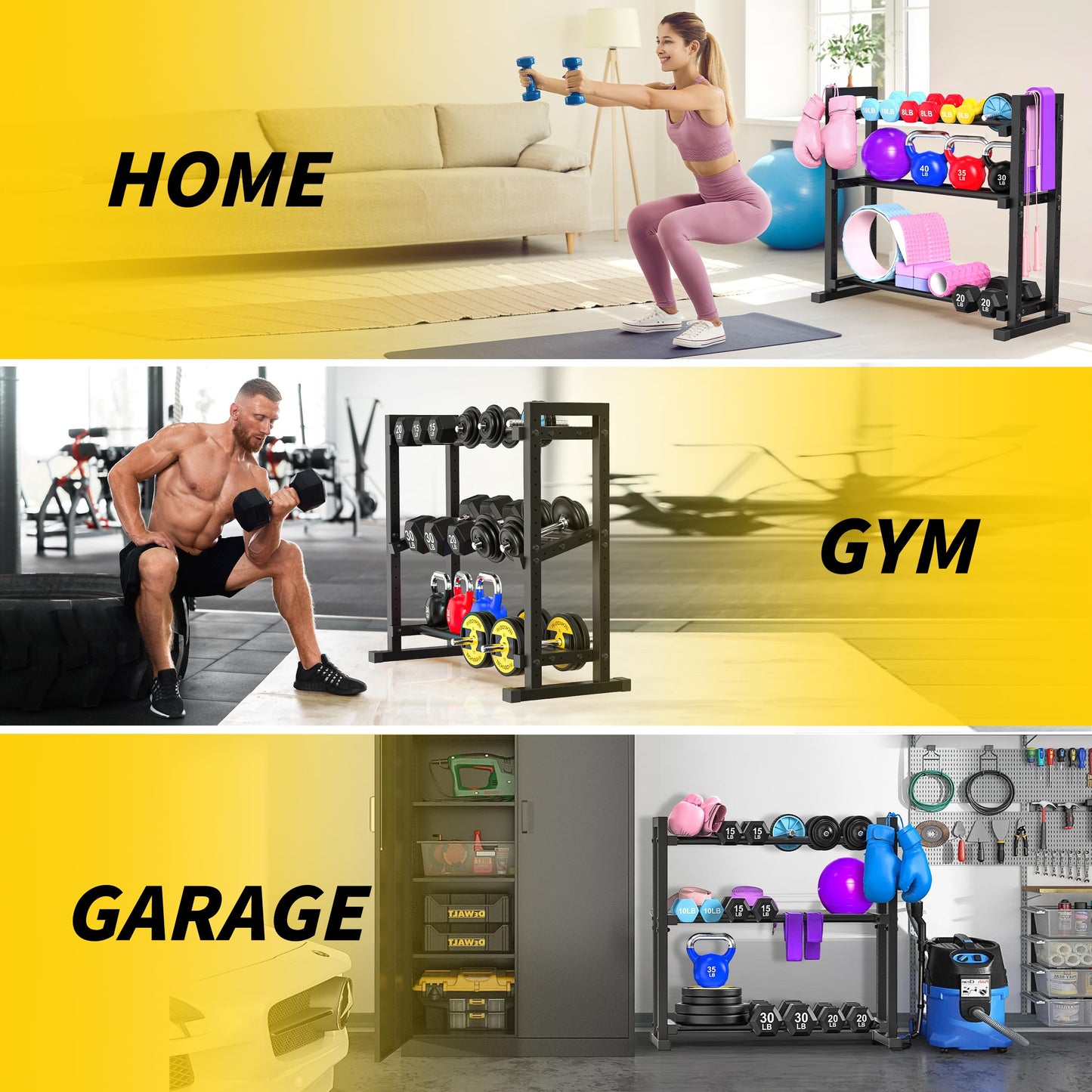 LarFaFa 3-Tier Adjustable Dumbbell Rack, Weight Rack for Home Gym Storage, Heavy Duty Weight Stand for Dumbbells, Kettlebells & Free Weights, Space-Saving Dumbbell Rack Stand Only(Up to 450LB Capacity)