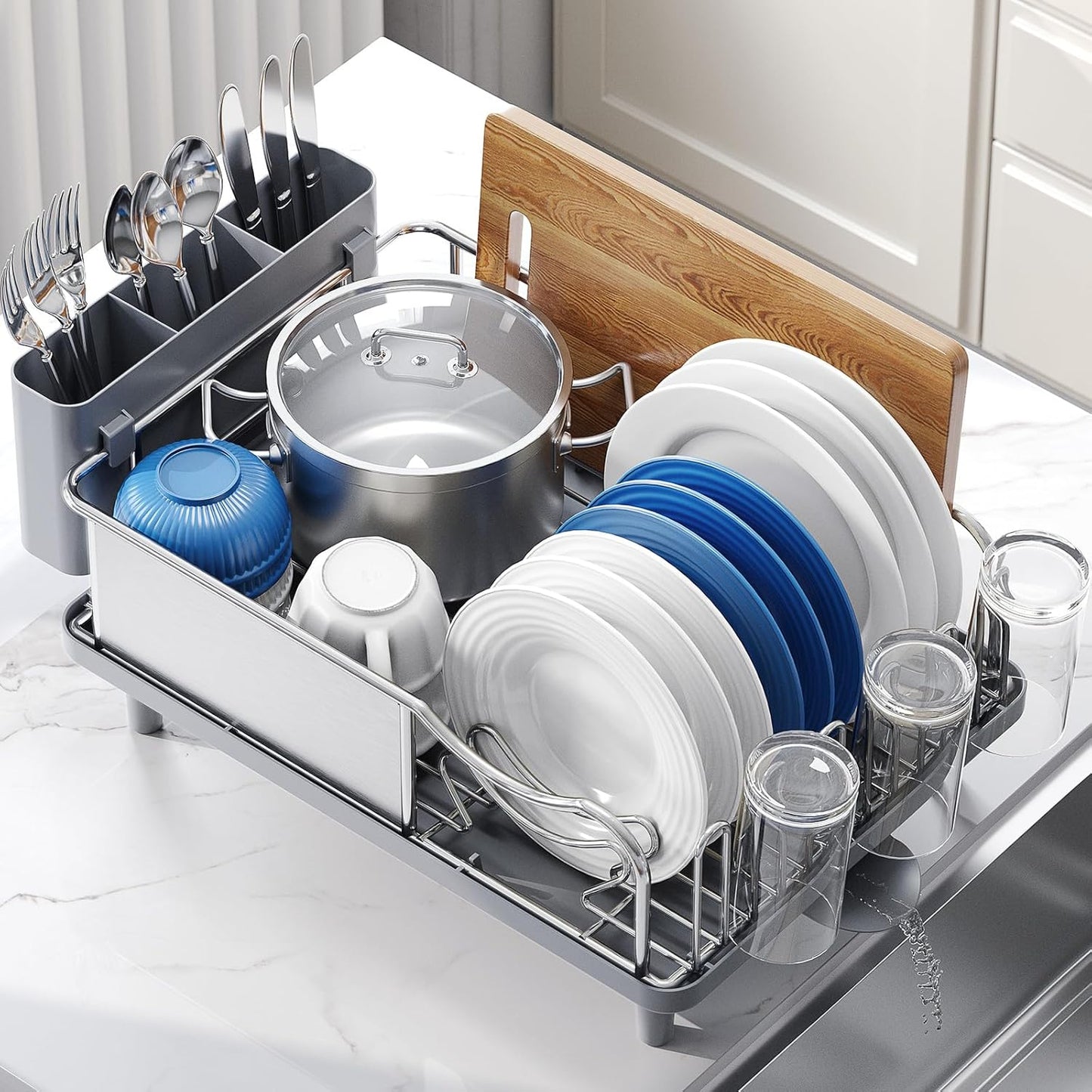 Urackify Stainless Steel Dish Drying Rack - Large Capacity Kitchen Organizer with Drain Board & Utensil Holder