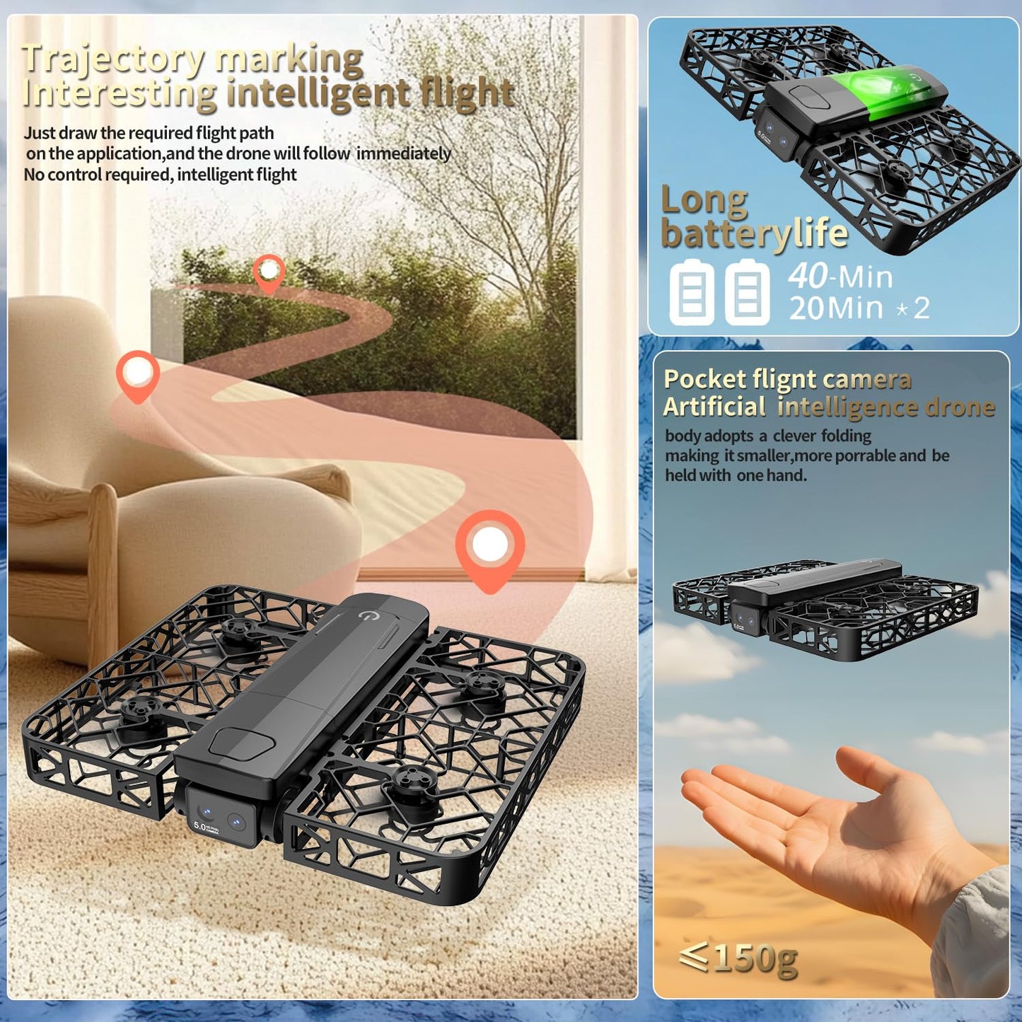 UAVRIAO Foldable Pocket Mini Drone with 2K Camera, Auto Follow, Selfie Drone, Screen Remote Control, One-Key Takeoff/Landing, 360-Degree Mesh Protection, Stunt Mode Suitable for Adult Beginners