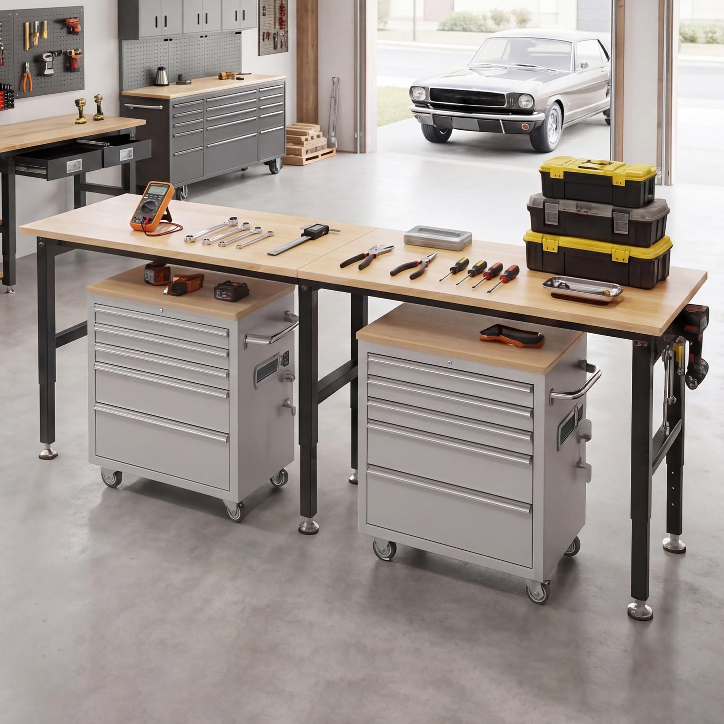 SPECRAFT 96" Adjustable Heavy Duty Workbench with 4 AC Outlet and 2 USB Ports Power Outlets, 6000 Lbs Capacity, Rubber Wood Top for Garage, Workshop, Office