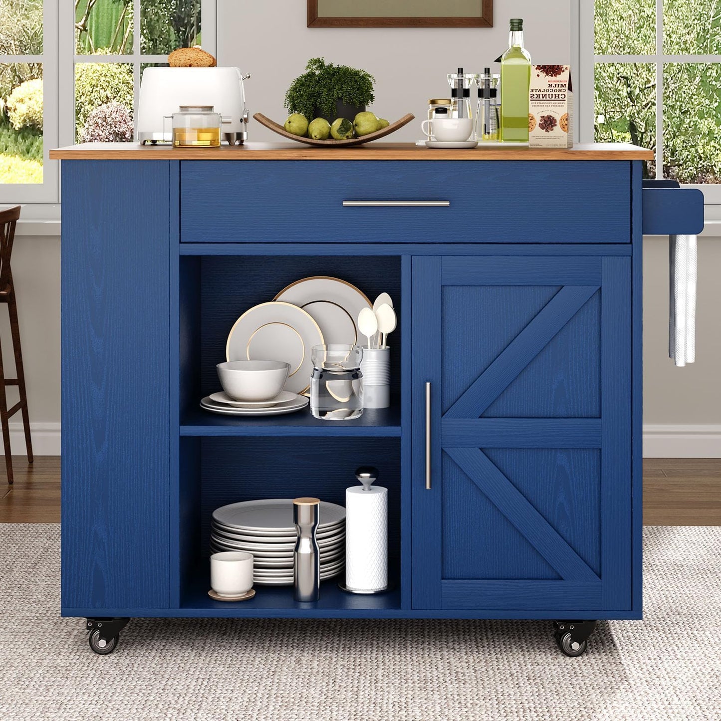 4 EVER WINNER Navy Blue Rolling Kitchen Island with Storage for Small Kitchen, 39" Farmhouse Kitchen Island Cart on Wheels with Drawer, 3-Tier Spice Rack, Open Shelves & Towel Rack for Apartment