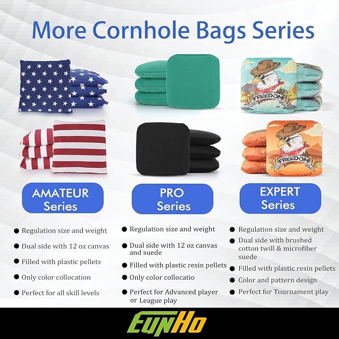 EunHo Dual Sided Cornhole Bags Regulation Set of 8 Professional Cornhole Bean Bags Slick and Stick for Tossing Game-All Weather