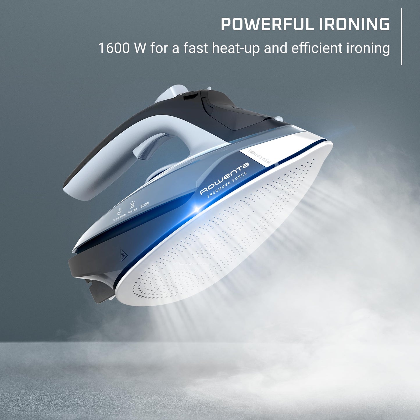 Rowenta Freemove Cordless Iron with Steam, 1600 Watts, Stainless Steel Soleplate, Rapid Heating, Portable Steamer for Clothes, Rechargeable for Wireless Ironing, Handheld Steamer Iron, Blue, DE6730