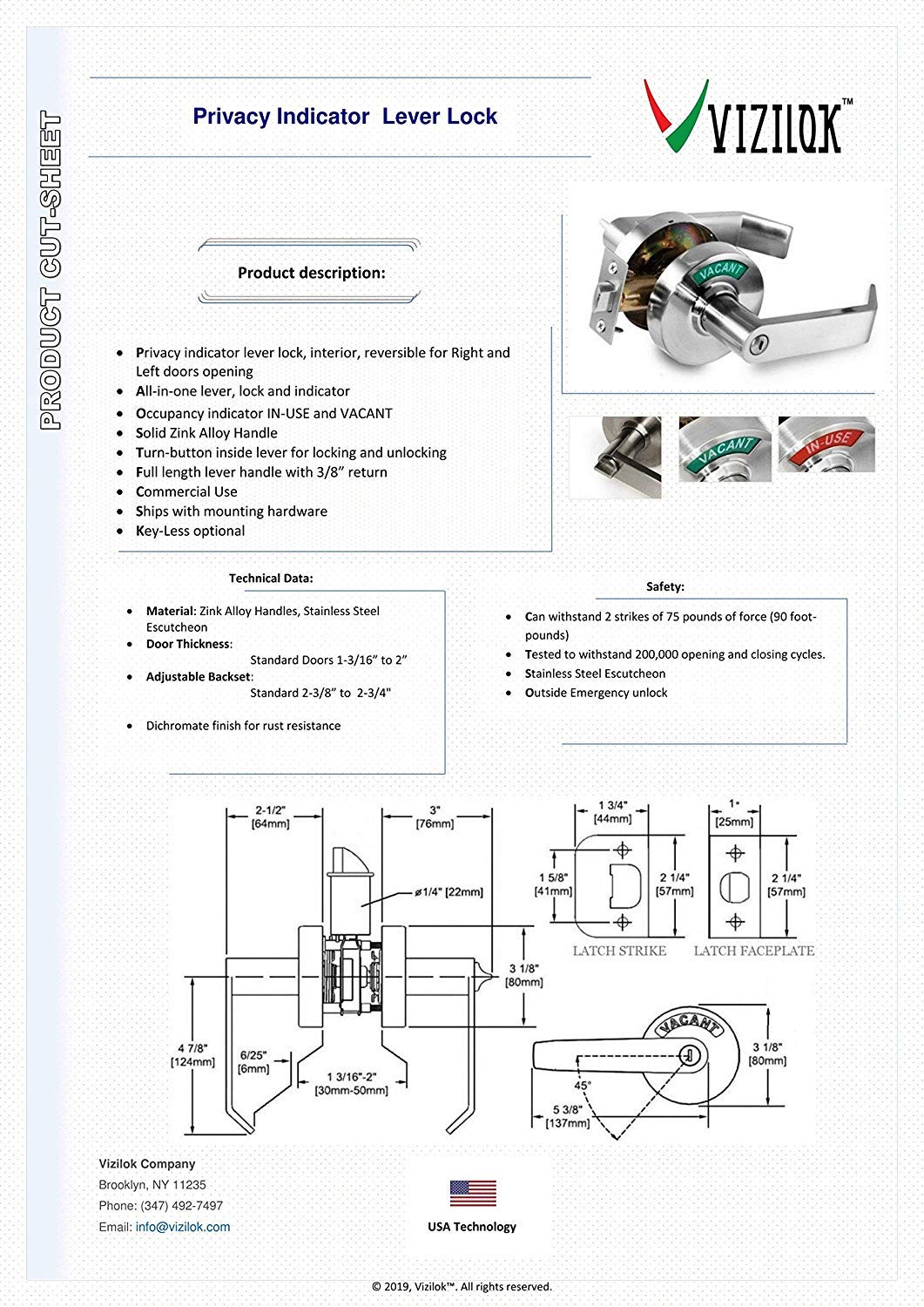 VIZILOK Commercial Door Lock for Bathroom Privacy, Safety, Standard Indicator Lock in Satin Chrome, ANSi Grade2, Perfect for Restaurants, Medical Offices, Airbnb, Dorms, Gyms, Fitting Room
