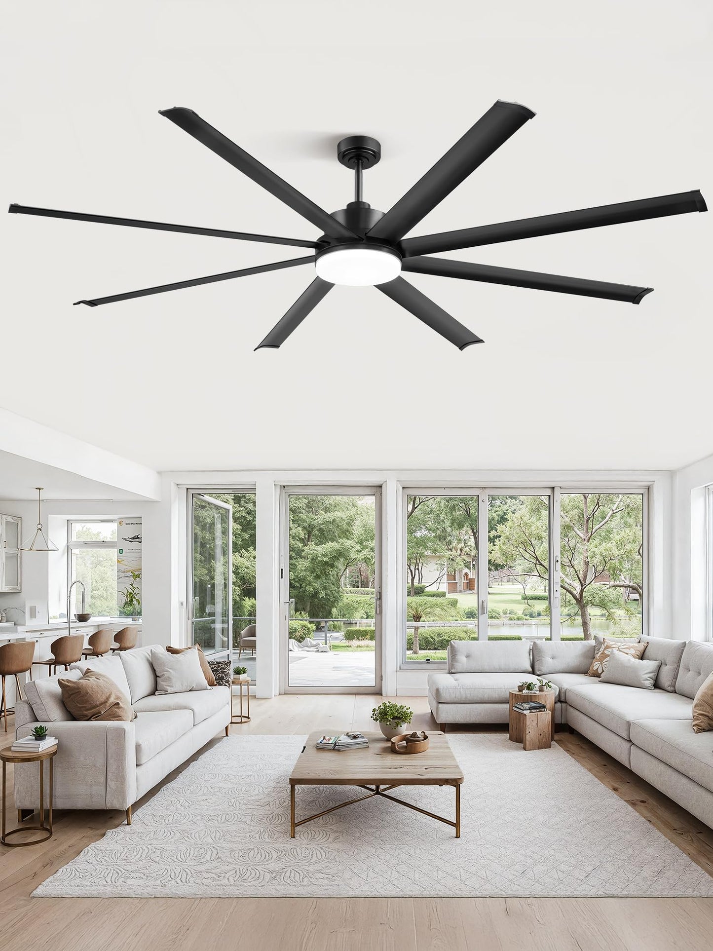ZMISHIBO 84 Inch Ceiling Fan with Light, Smart Fan Light Compatible with Alexa, 3000-6000K Dimmable, 6 Speeds, Large Industrial Ceiling Fans with 8 Black Aluminum Blades for Patio Living Room