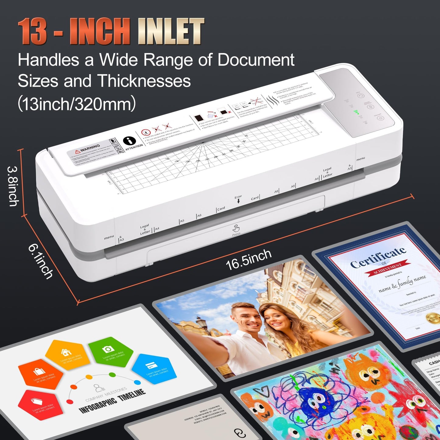 13" 4-Roller Commercial Laminator Machine,3-10 Mil Thickness Laminating Machine,Fast 55s Warm-Up&1000mm/min Laminating Speed for Laminating 11x17&A3 Size,Includes 30 Sheets for Office,School(White)