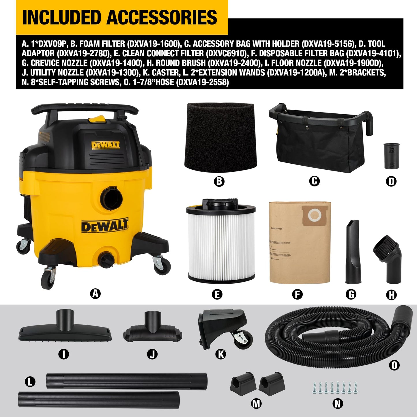 DEWALT Wet and Dry Vacuum 9 Gallon Poly Wet/Dry Vac Yellow Shop Vacuum 5 HP Strong Suction for Jobsite, Workshop 3 in 1 Multi Functions Model: DXV09P