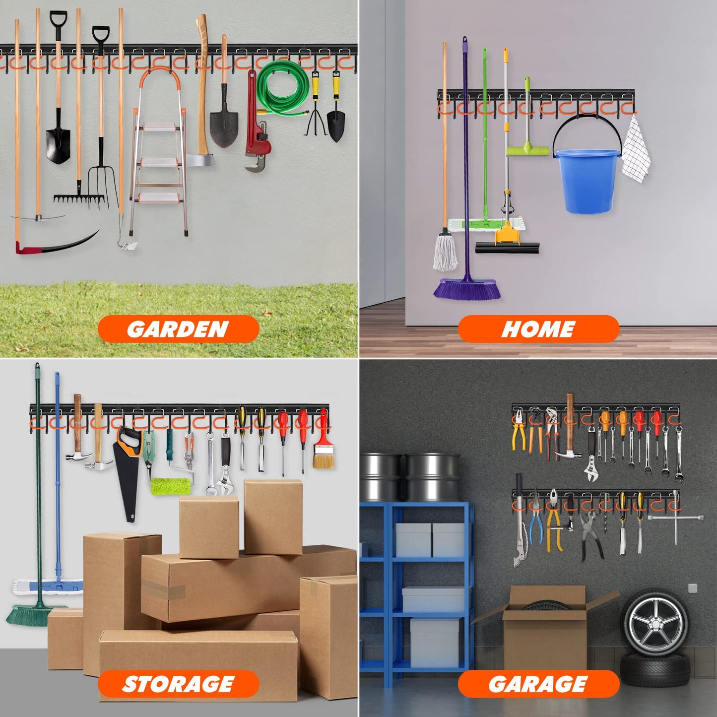 TVKB 68'' All Metal Garden Tool Organizer Adjustable Garage Tool Organizer Wall Mount Garage Organizers and Storage with Heavy Duty Hooks Tool Hangers for Garage Wall, Shed, Garden