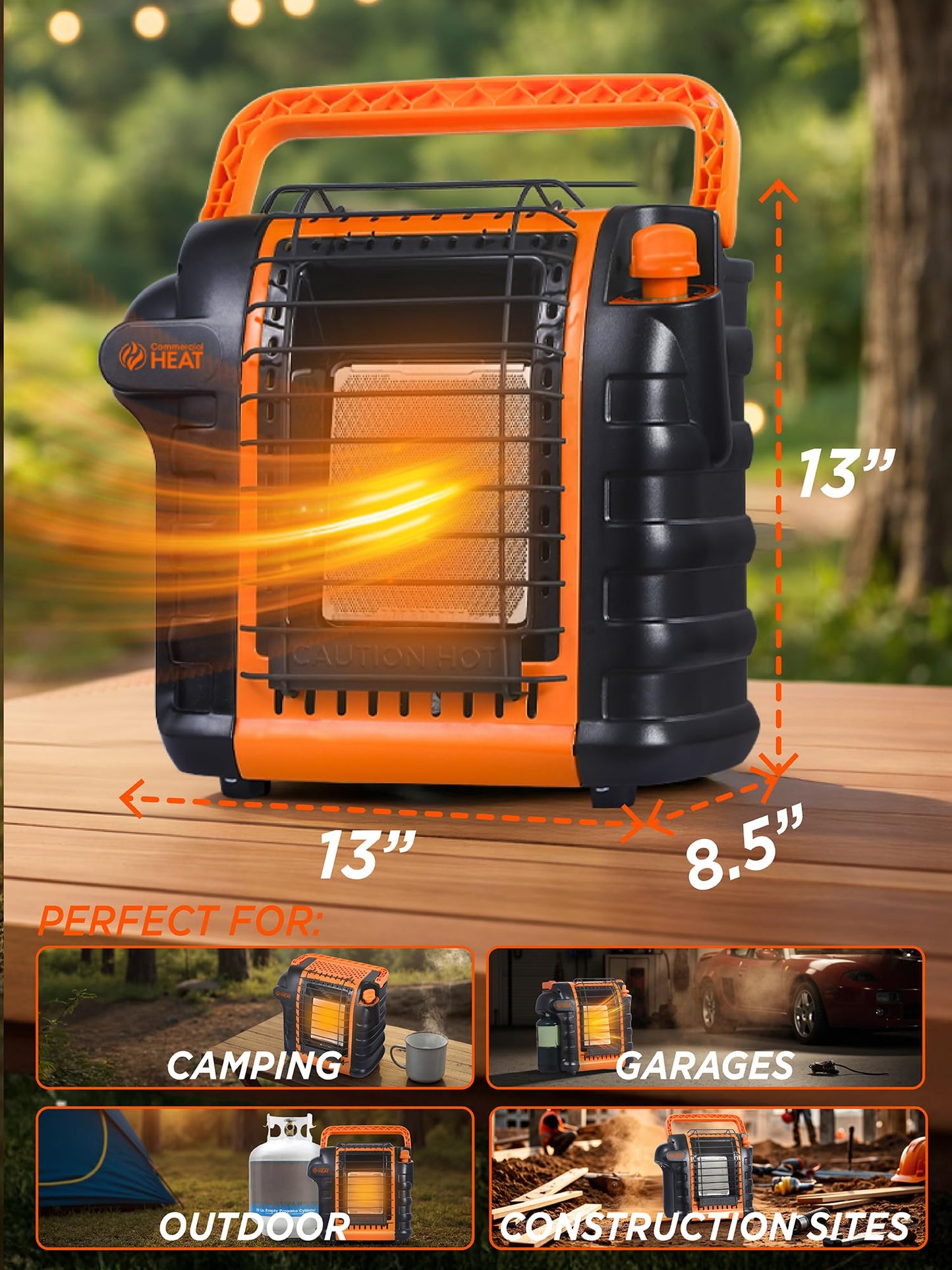 Commercial Heat 9000 BTU Portable Propane Heater for Outdoor Use, Patio Heater for Up To 300 Sq. Ft., 2 Heat Settings, Swivel Regulator Connects to 1 lb. Propane Tank, CHP9000O, Orange