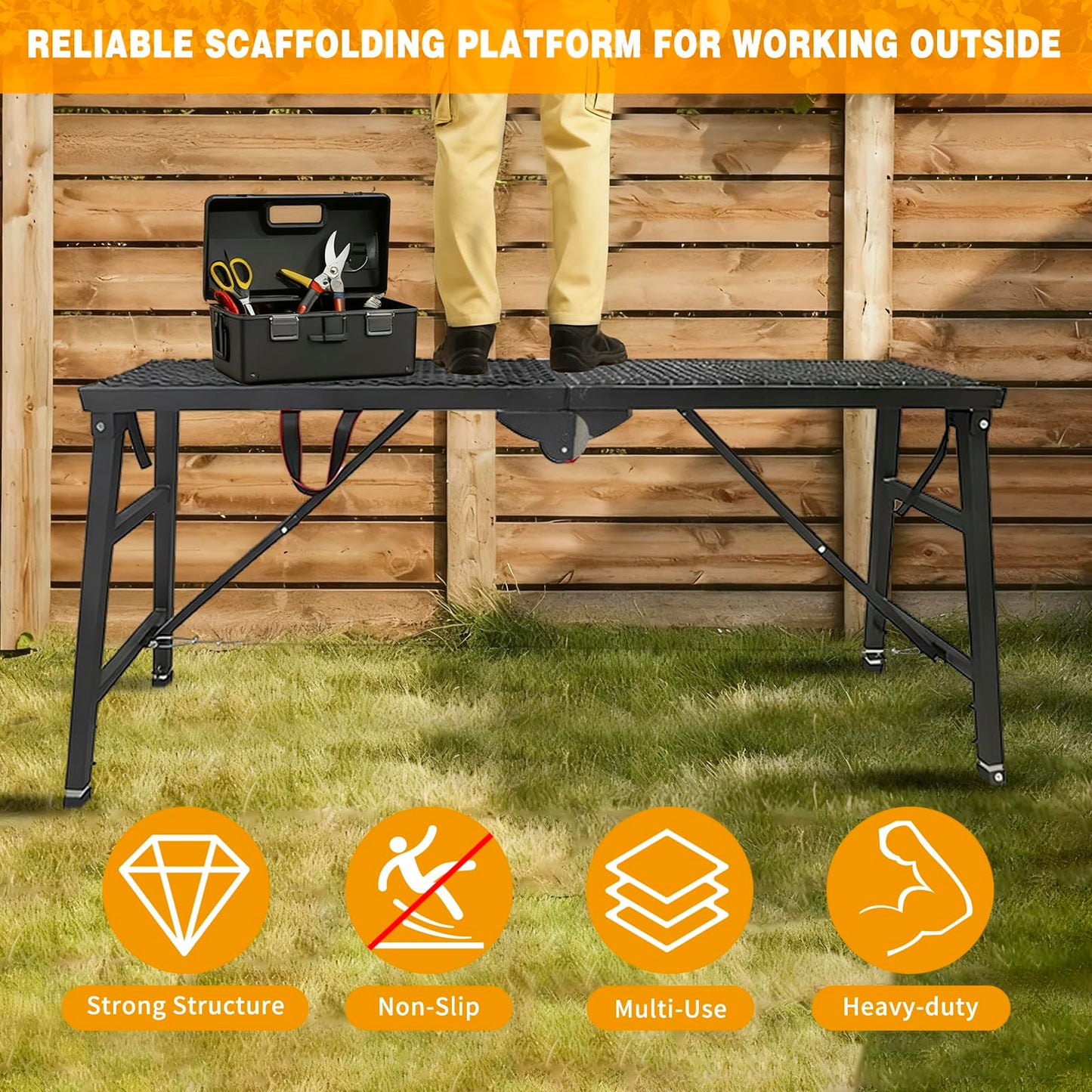 Scaffolding Work Platform, 29.9" to 47.2" Height Adjustable Work Platform, Foldable Scaffold for Building Construction, Interior Painting, Home Improvement(450LBS Capacity, Black,5 Heights Options)