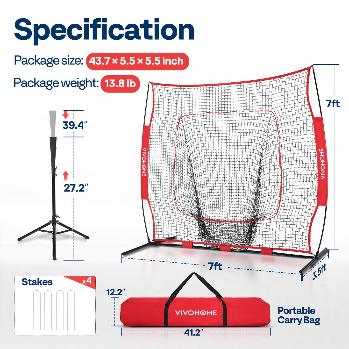 VIVOHOME Baseball Softball Batting Net - 7x7 Ft Baseball Backstop, Softball Practice Net for Hitting, Pitching, Throwing with Batting Tee and Carry Bag, Red