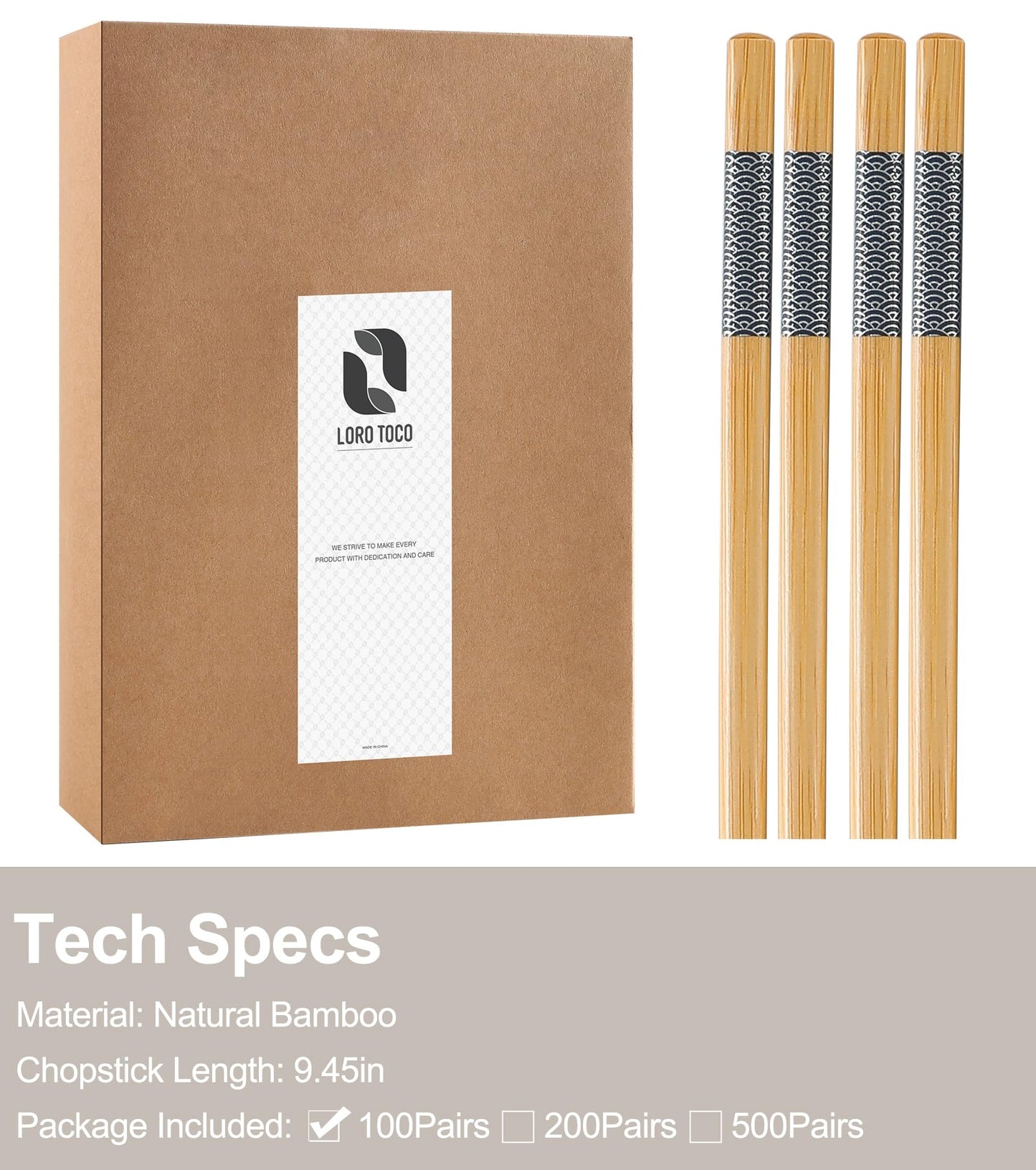 LOROTOCO 100 Pairs Bamboo Chopsticks | Disposable | Reusable | Separated Chopsticks Dishwasher Safe - (9.45in)