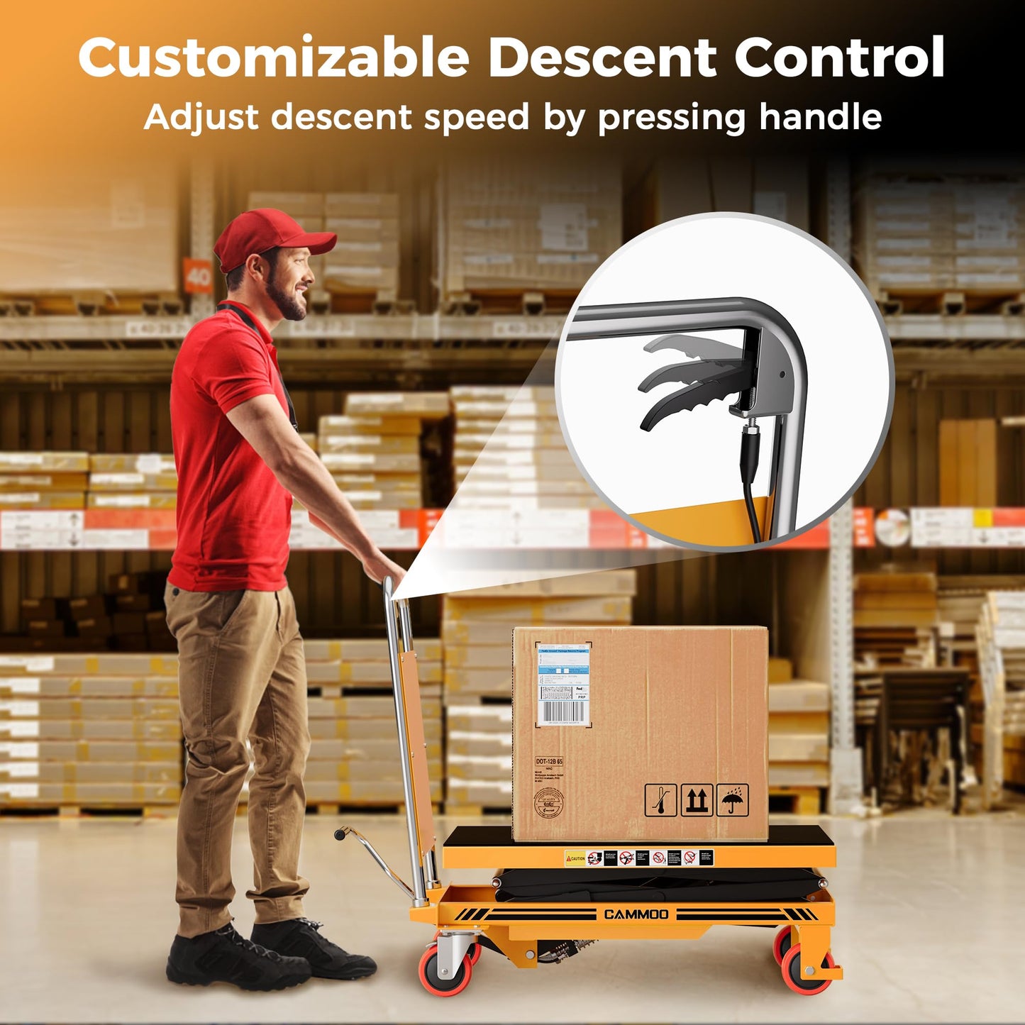 CAMMOO Hydraulic Lift Table Cart, 330lbs Capacity 49.6" Lifting Height, Double Scissor Lift Table with Non-Slip Pad & Safety Guard for Material Handling & Transportation, Yellow