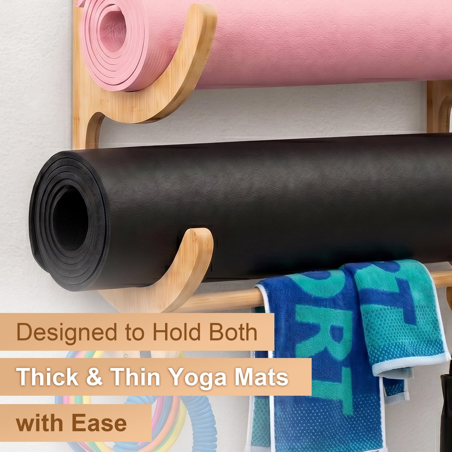 Upgraded 3 Tier Wooden Yoga Mat Holder Wall Mount with Bottom Hanging Bar, Yoga Mat Storage Rack with 4 Multi-Purpose Hooks, Foam Rollers and Resistance Band Hanger for Home Gym or Fitness Class