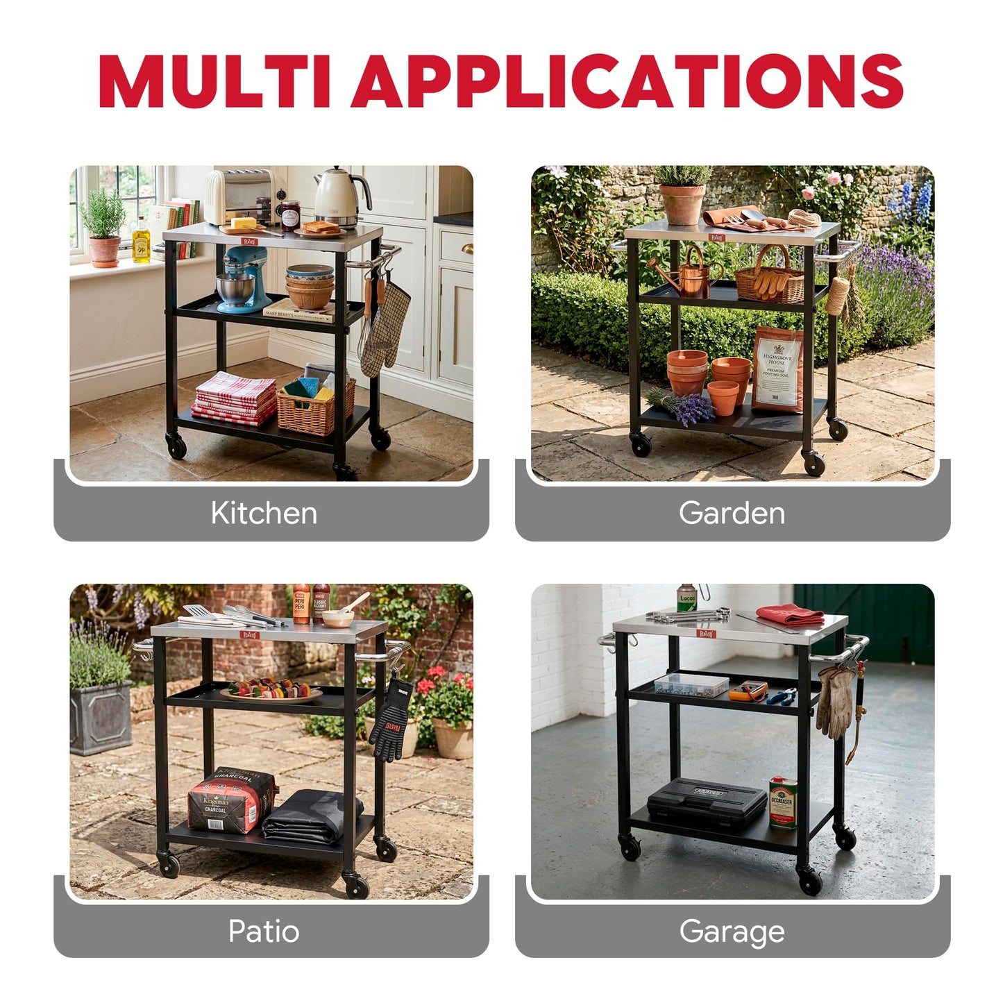 Feasto 3-Tier Outdoor Grill Cart, Rolling Pizza Oven Table with Compact 26.6" x 16.1" Stainless Top for Pizza Ovens & Griddles, Outdoor Bar Cart with S-Hooks for Patio Parties, Deck Dining & Camping