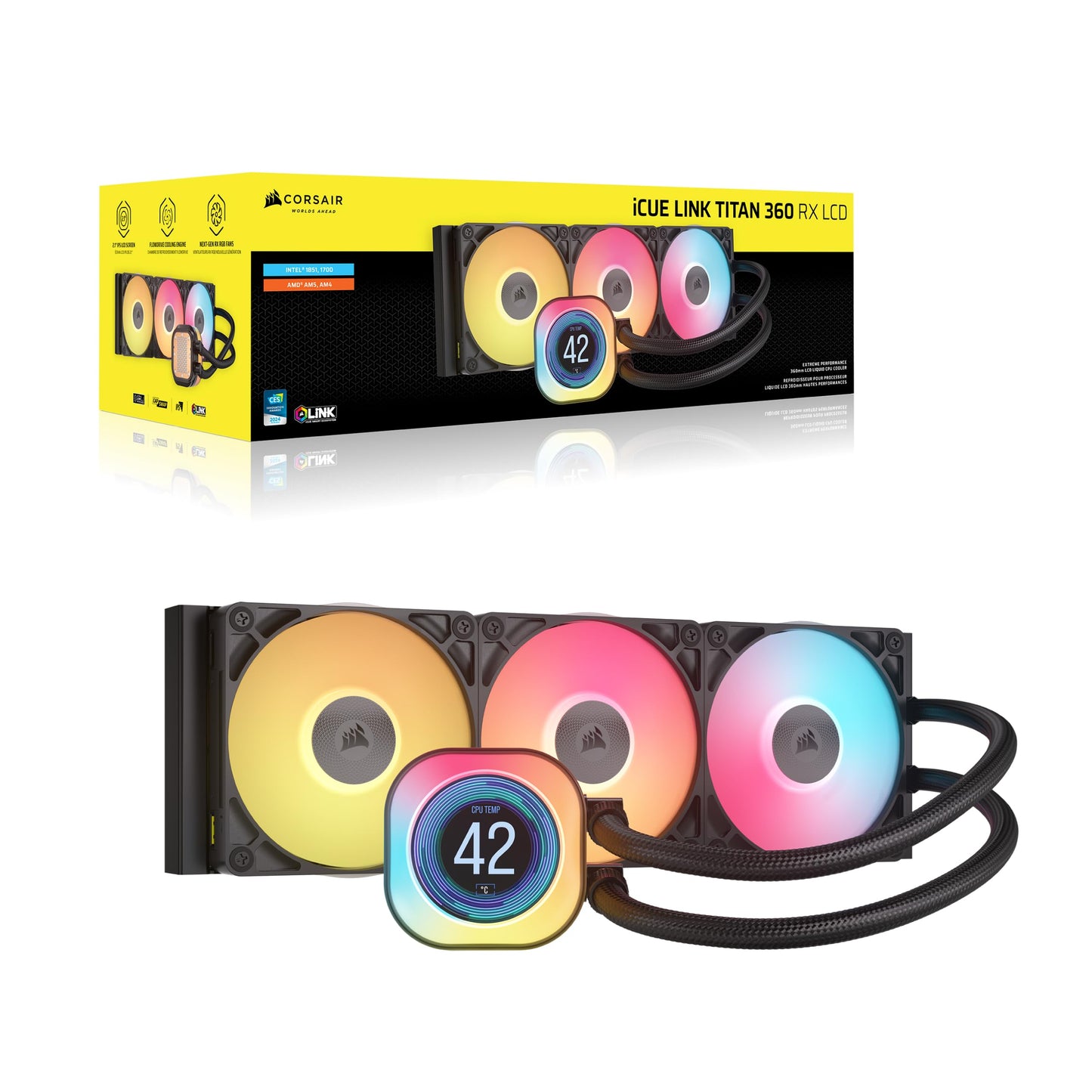 CORSAIR Titan 360 RX LCD Liquid CPU Cooler, 360mm AIO, Low-Noise FlowDrive Cooling Engine, Intel LGA 1851/1700 & AMD AM5/AM4, 3X RX120 RGB Fans, System Hub Included, Black