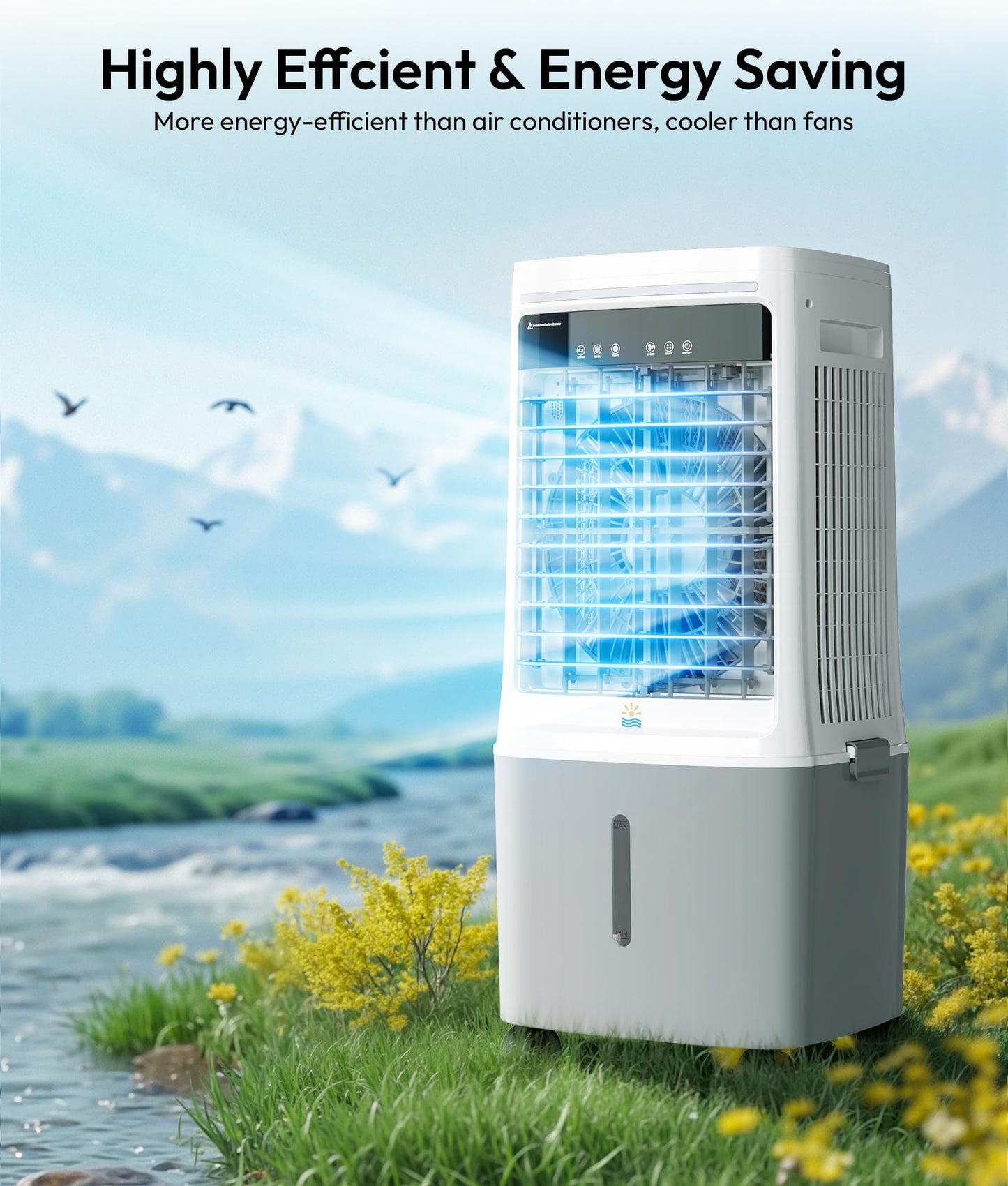 EXNOS 3-in-1 Portable Evaporative Air Cooler - 2000 CFM Swamp Cooler with 6.6-Gal Dual Tank & 4 Ice Packs, Remote Control, 12H Timer, Oscillating Cooling Fan That Blows Cold Air for Large Room, Office